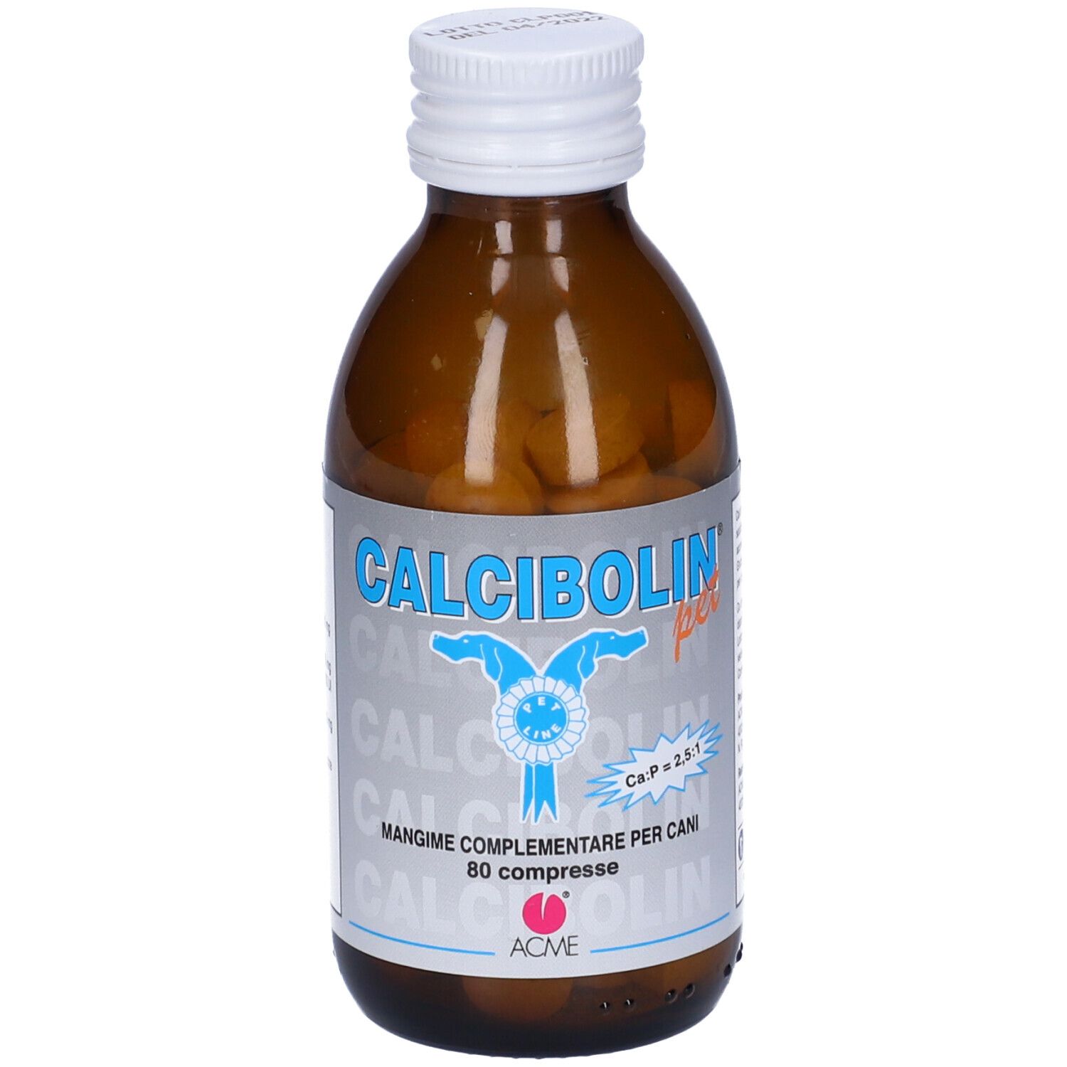 Flacone marrone con compresse. Scritta: Calcibolin per, 80 compresse. Marchio ACME.
