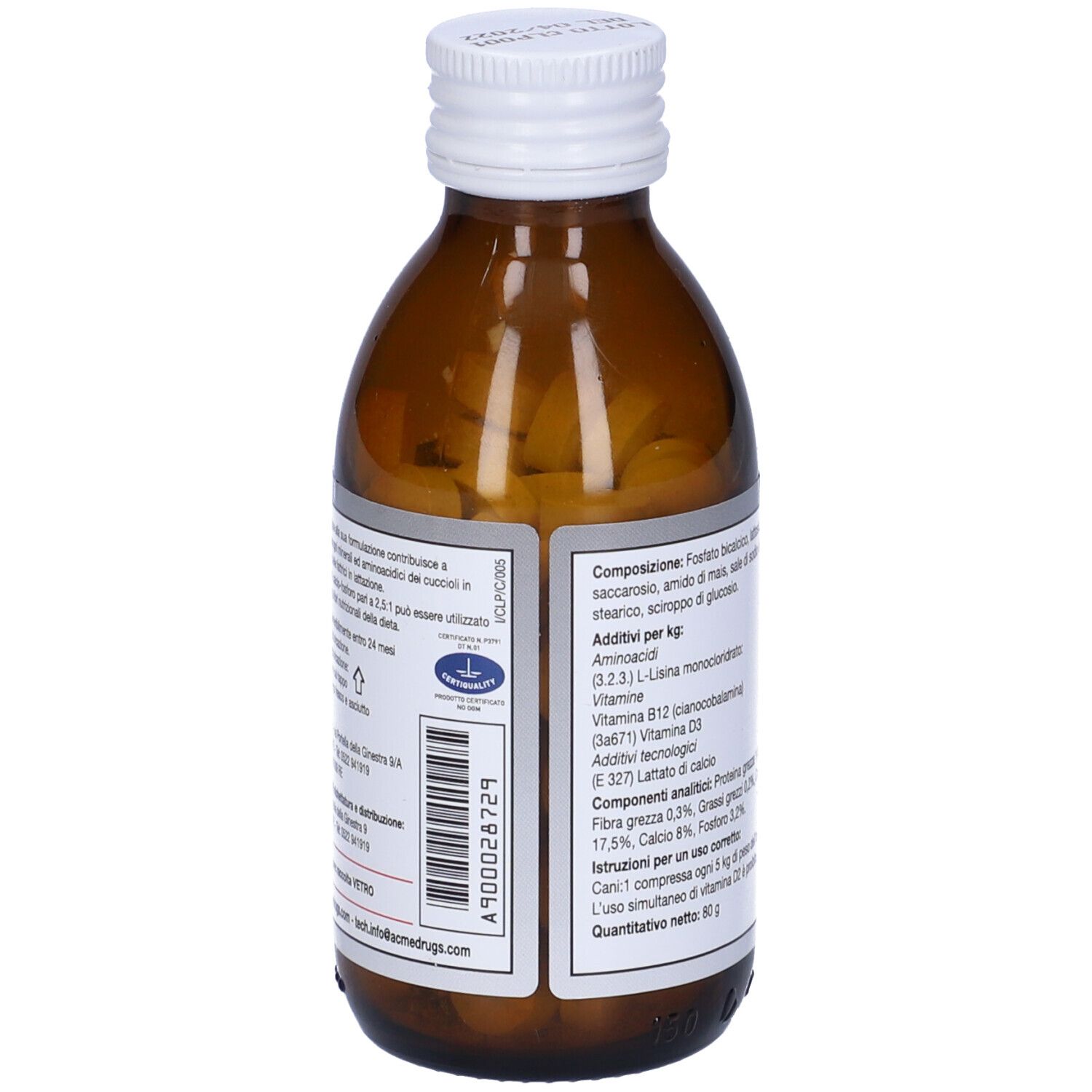 Flacone marrone. Retro con ingredienti e informazioni produttore. Testo in italiano.
