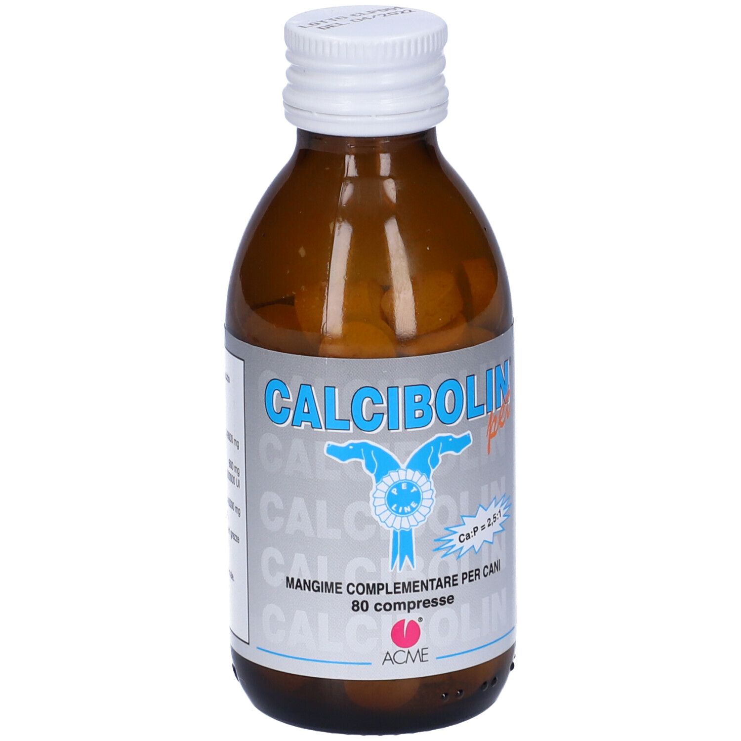 Flacone marrone con compresse. Scritta: Calcibolin per, 80 compresse. Marchio ACME.