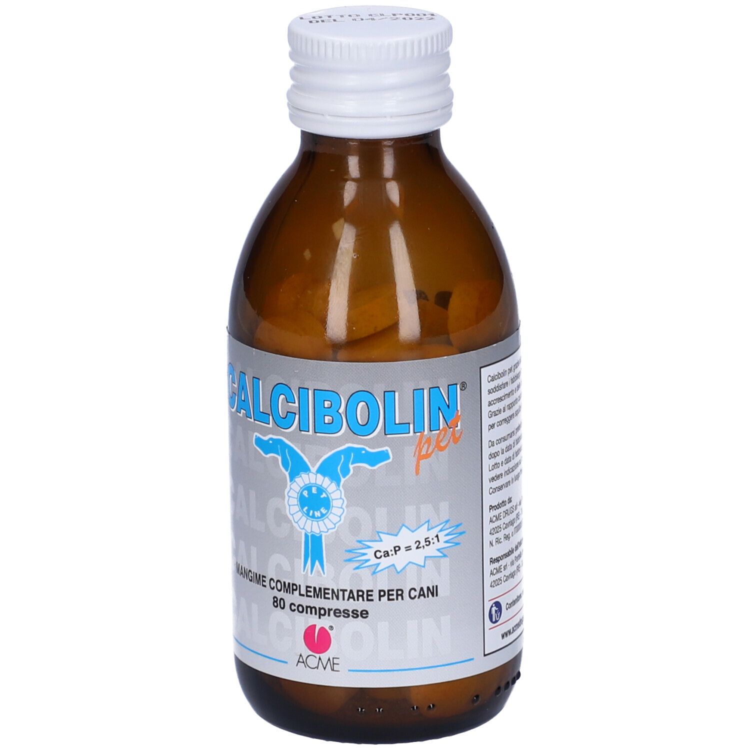 Flacone marrone con compresse. Scritta: Calcibolin per, 80 compresse. Marchio ACME.