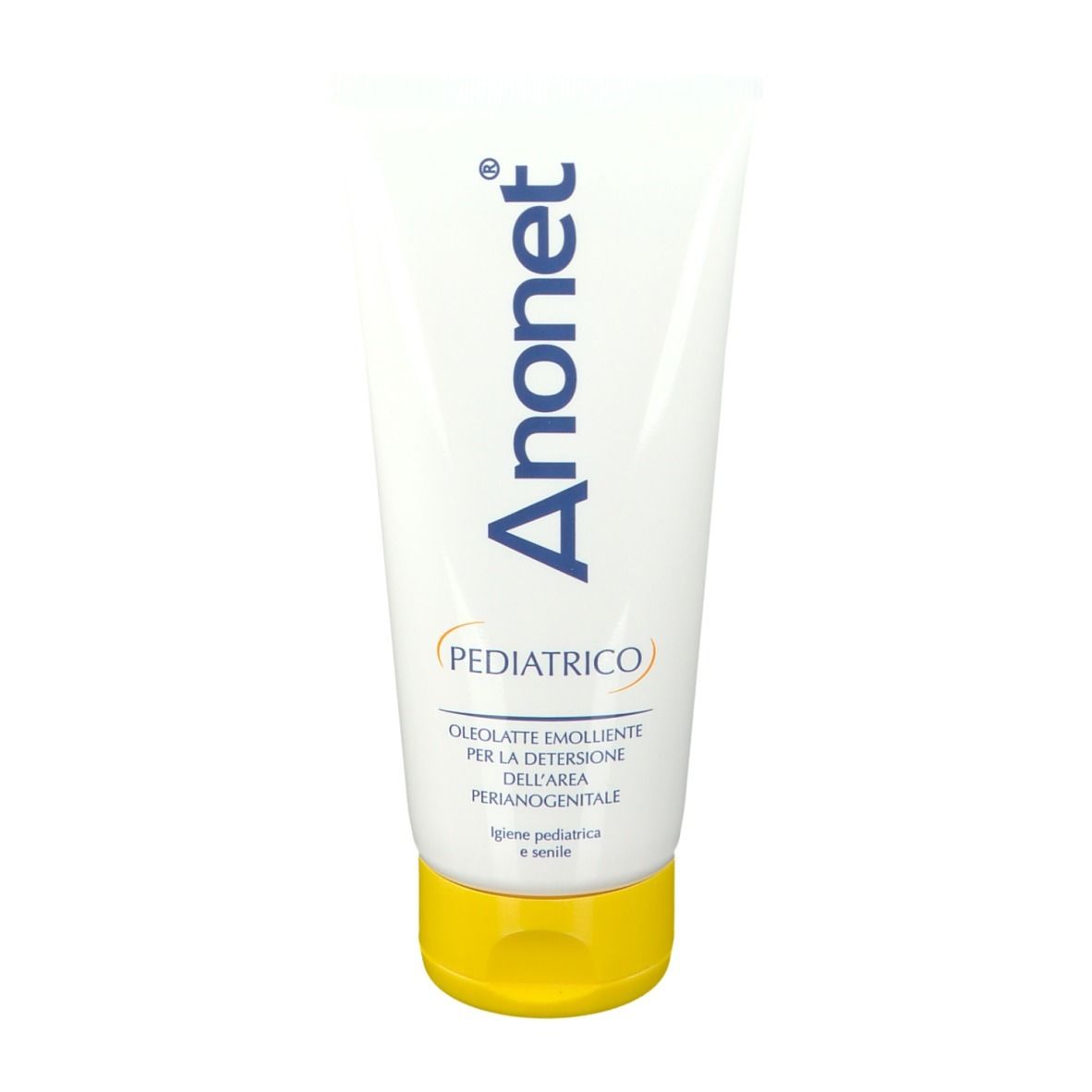 Tubo bianco con tappo giallo. Scritta: Anonet, PEDIATRICO. Oleolatte per la detersione intima.