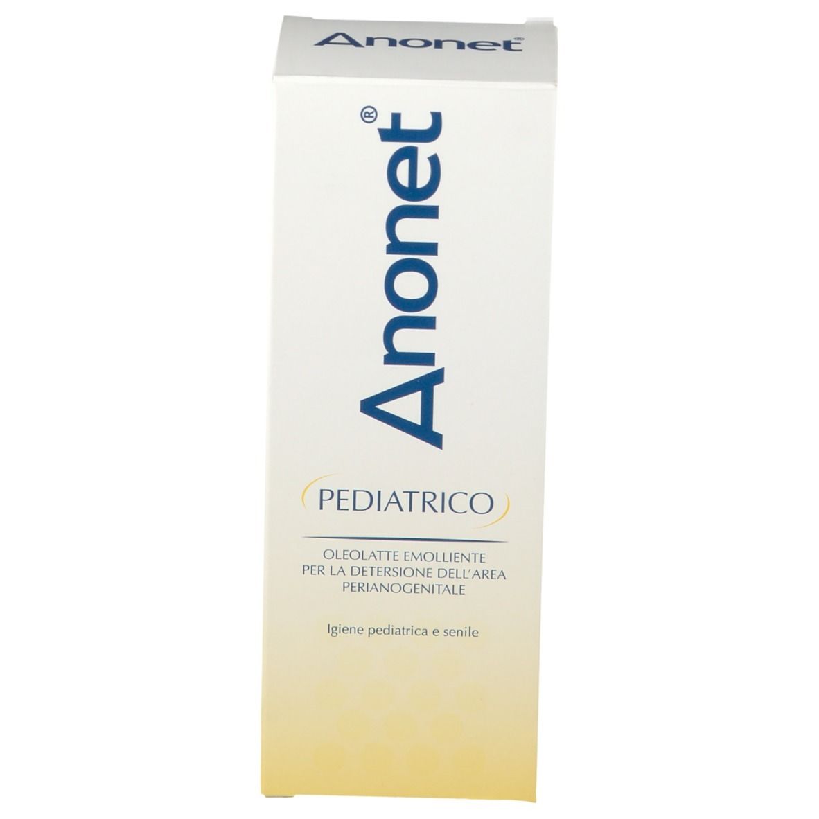 Scatola. Scritta: Anonet, PEDIATRICO. Oleolatte per la detersione intima. Sfumatura gialla.