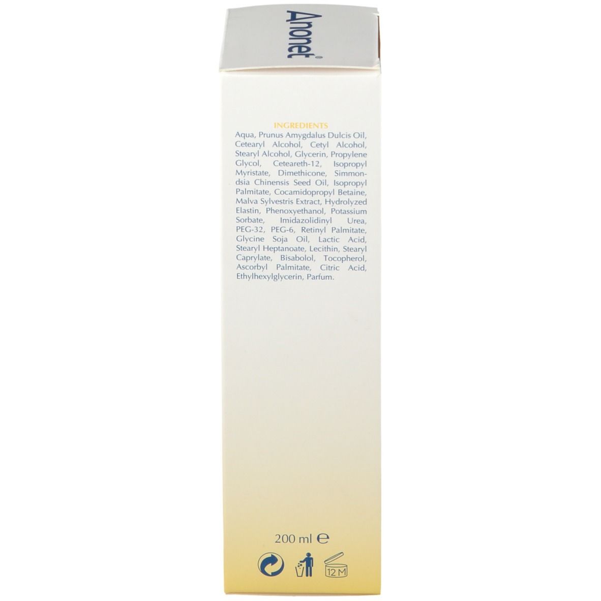 Retro della scatola. Scritta: Ingredienti. 200 ml. Sfumatura gialla.