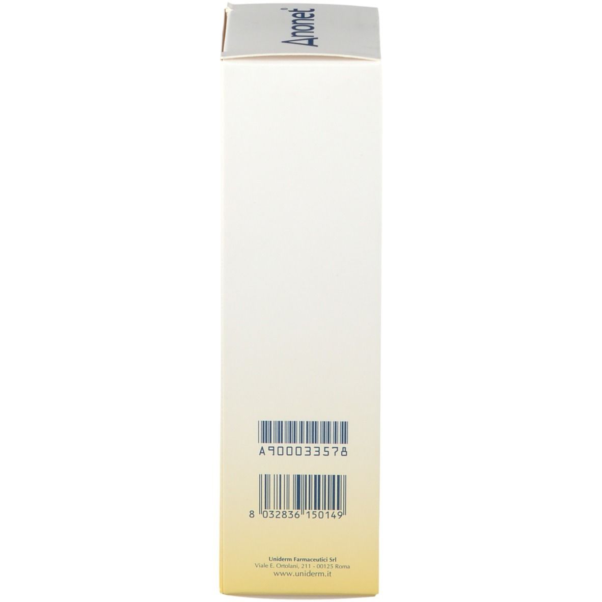 Lato della scatola. Scritta: A900033576. Codice a barre. Sfumatura gialla.