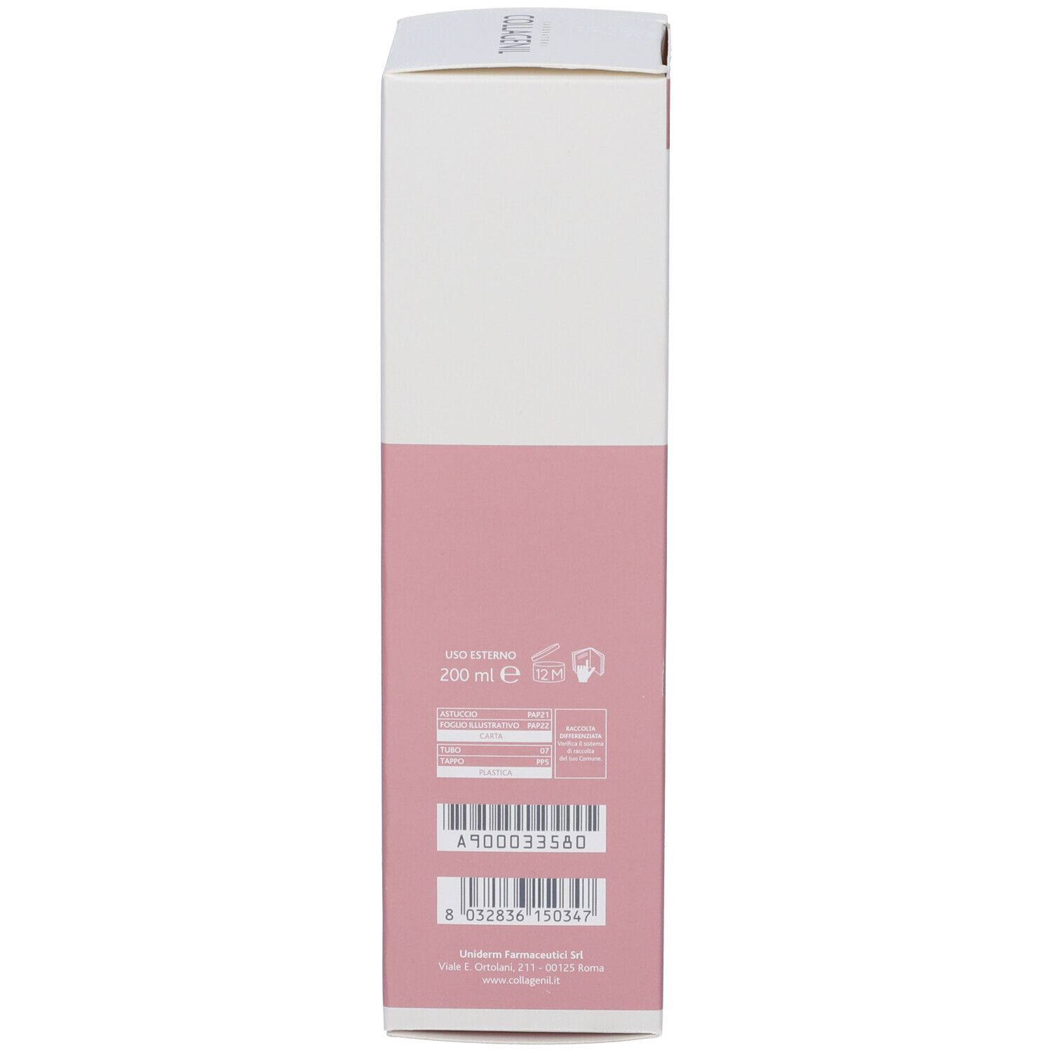 Boîte. Inscription: Uso Esterno, 200 ml. Accent rose.