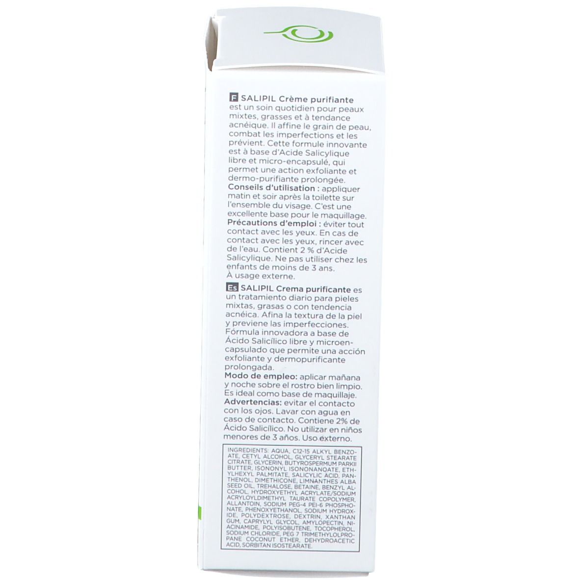 Dos de la boîte de CANOVA SALIPIL Crème. Contient des informations sur le produit.