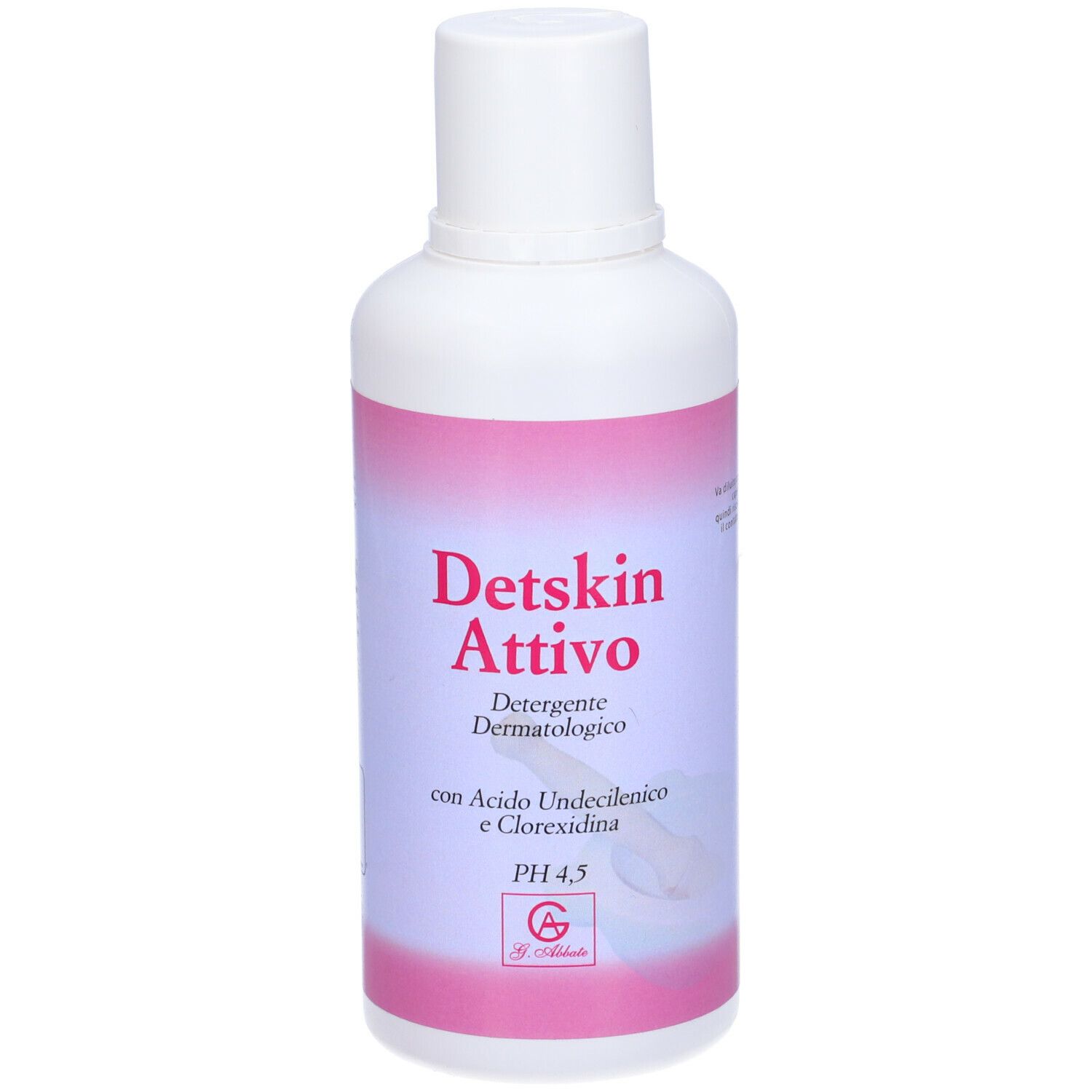 Flacone bianco con etichetta rosa. Testo: Detskin Attivo, Detergente Dermatologico, pH 4,5. Logo.