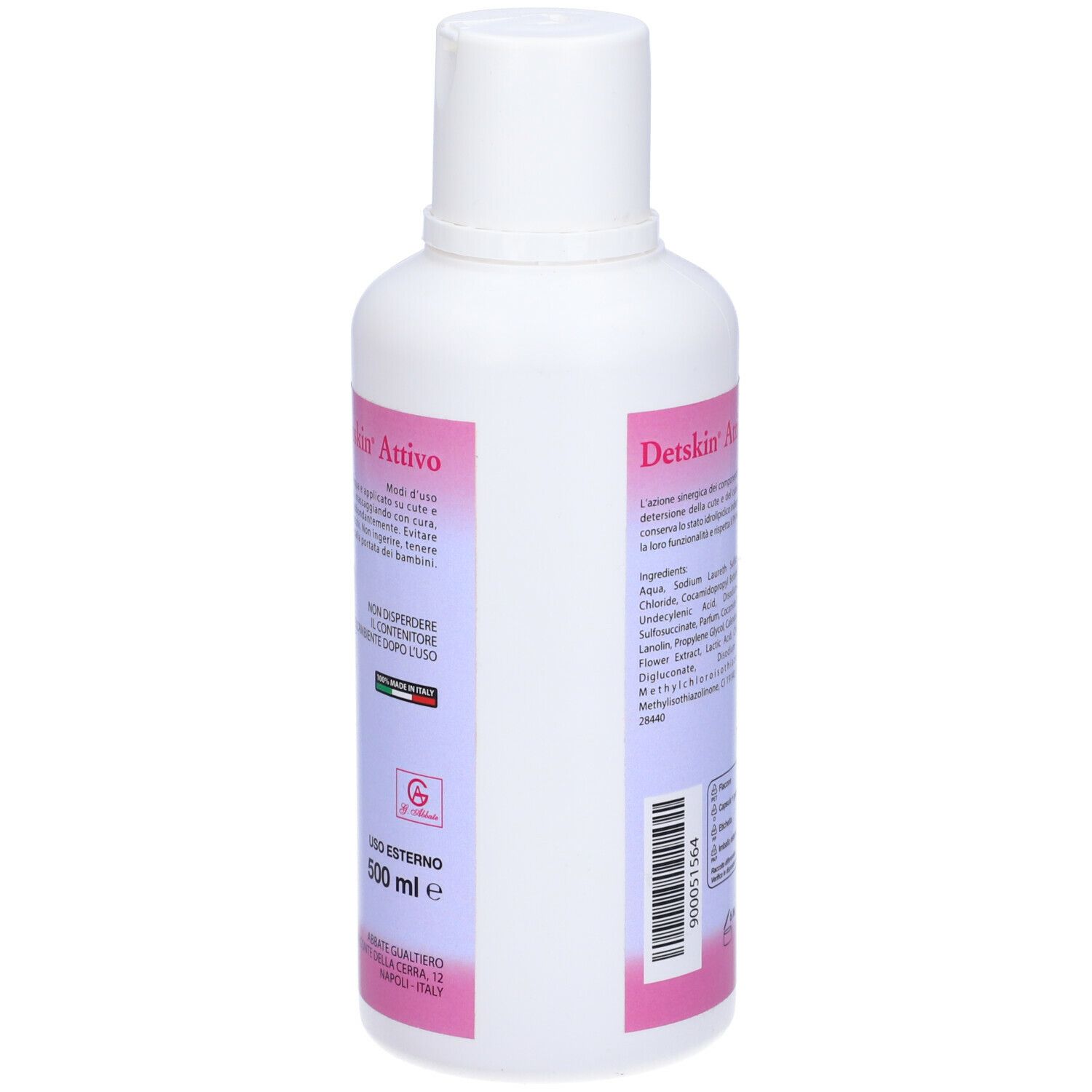 Flacone bianco con etichetta rosa. Testo: Detskin Attivo. 500 ml. Logo. Prodotto in Italia.