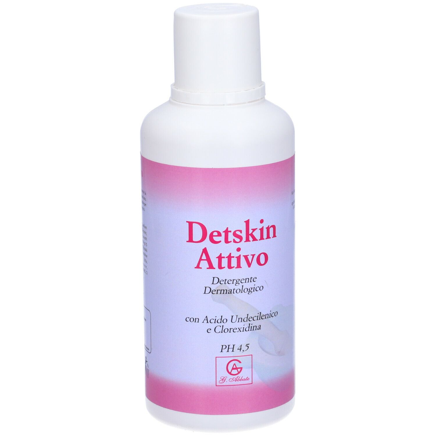 Flacone bianco con etichetta rosa. Testo: Detskin Attivo, Detergente Dermatologico, pH 4,5. Logo.