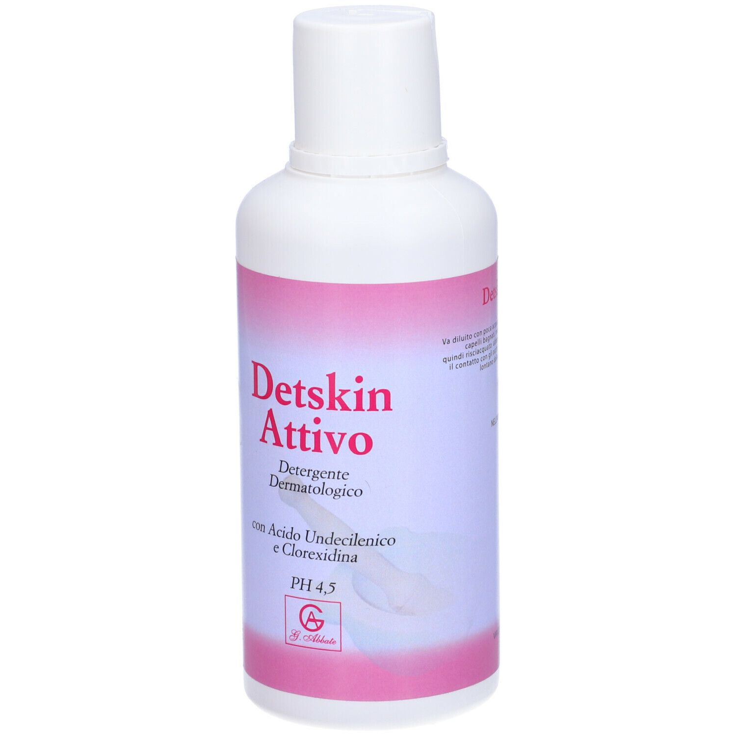 Flacone bianco con etichetta rosa. Testo: Detskin Attivo, Detergente Dermatologico, pH 4,5. Logo.