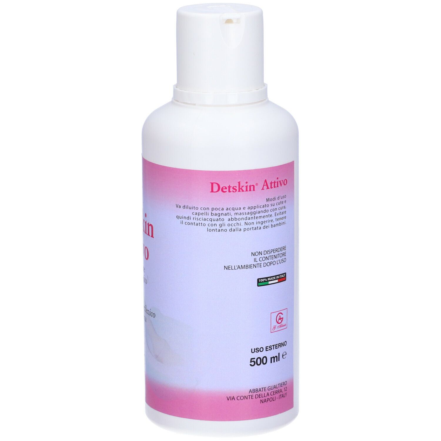 Flacone bianco con etichetta rosa. Testo: Detskin Attivo. 500 ml. Logo. Prodotto in Italia.