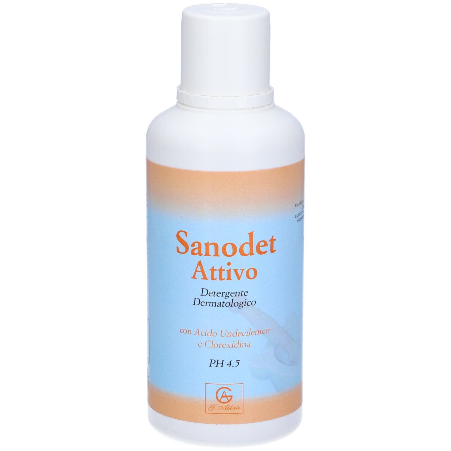 Flacone bianco con etichetta arancione e blu. Scritta: Sanodet Attivo, Detergente Dermatologico, pH 4.5.