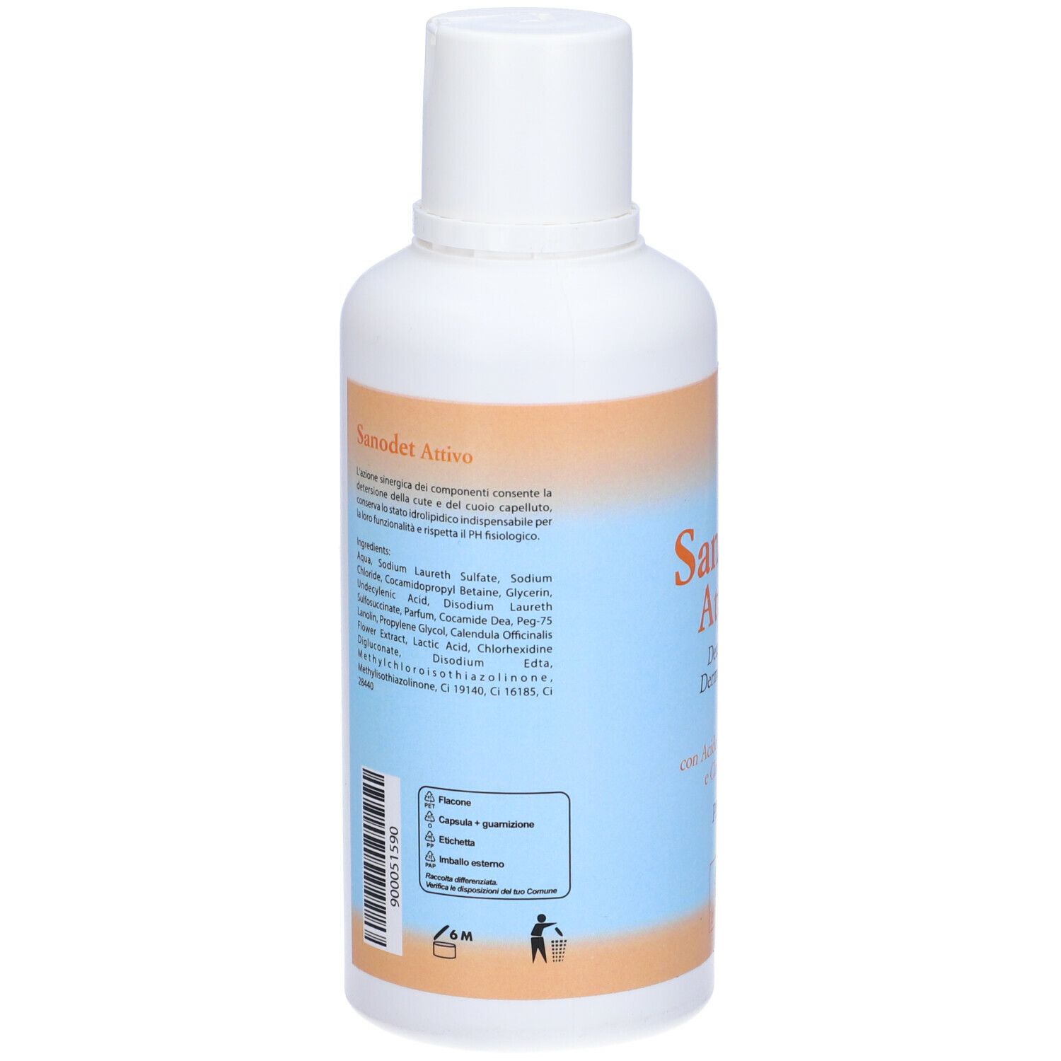 Retro del flacone bianco. Contiene ingredienti e informazioni. Bandiera italiana e simbolo di riciclaggio.