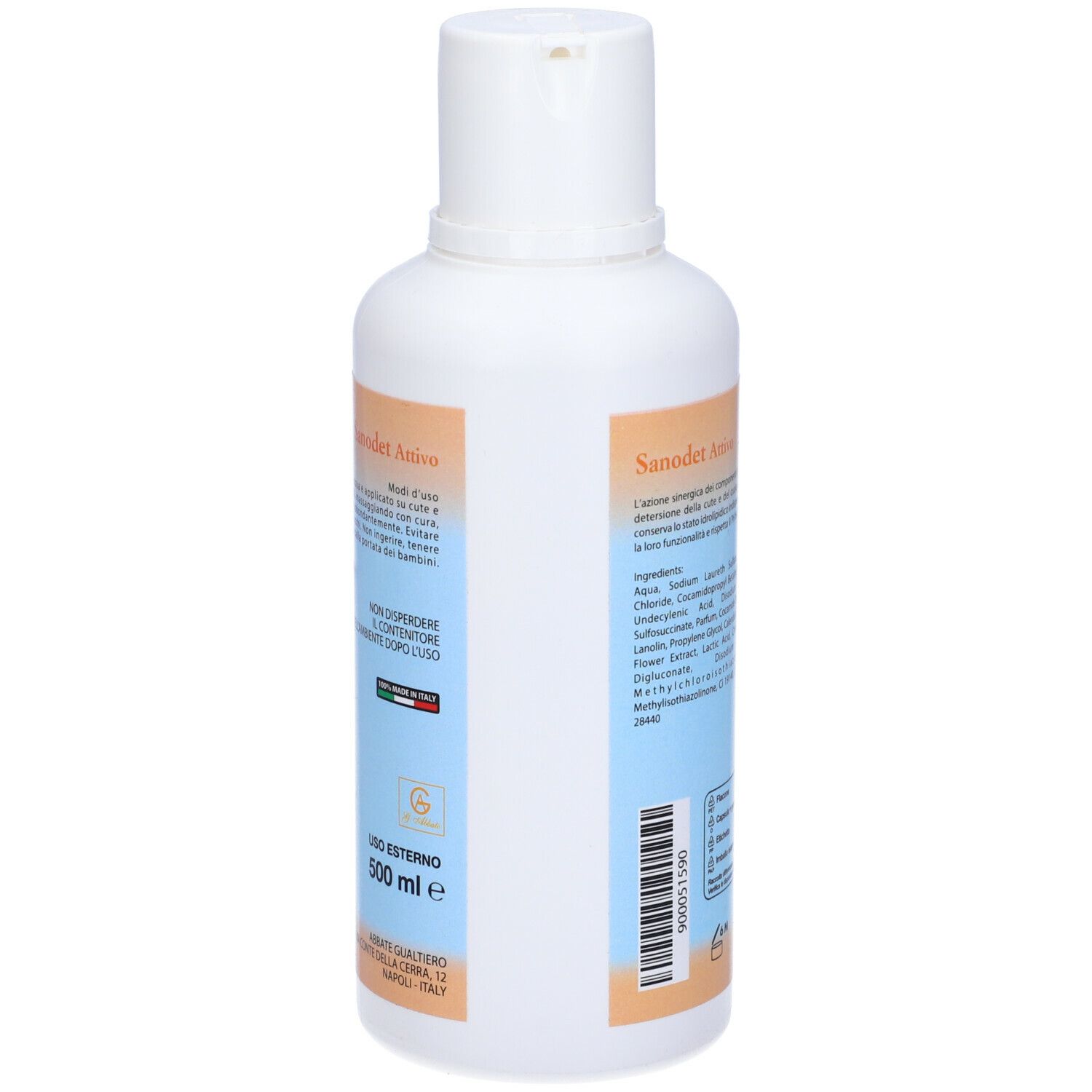 Retro del flacone bianco. Contiene ingredienti e informazioni. Bandiera italiana e volume: 500 ml.