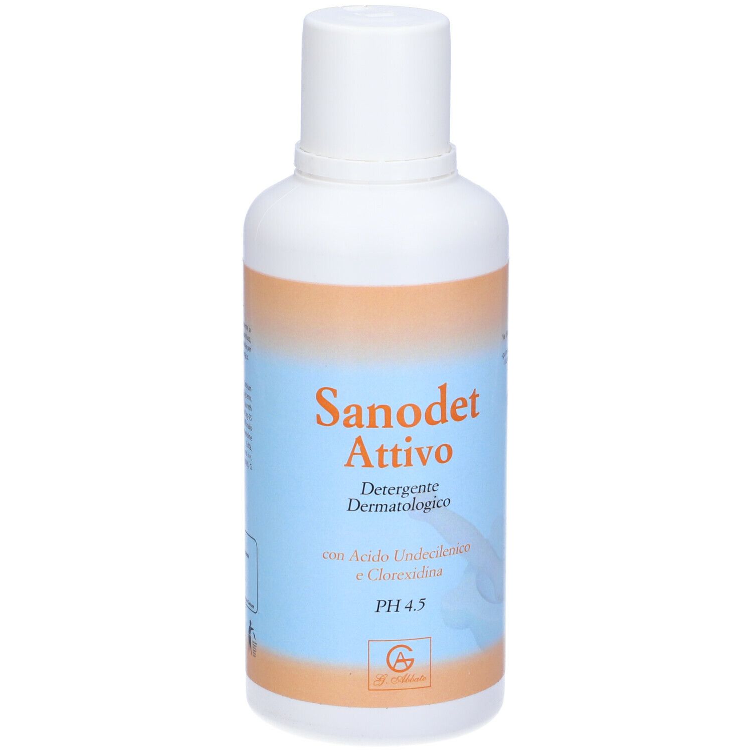 Flacone bianco con etichetta arancione e blu. Scritta: Sanodet Attivo, Detergente Dermatologico, pH 4.5.