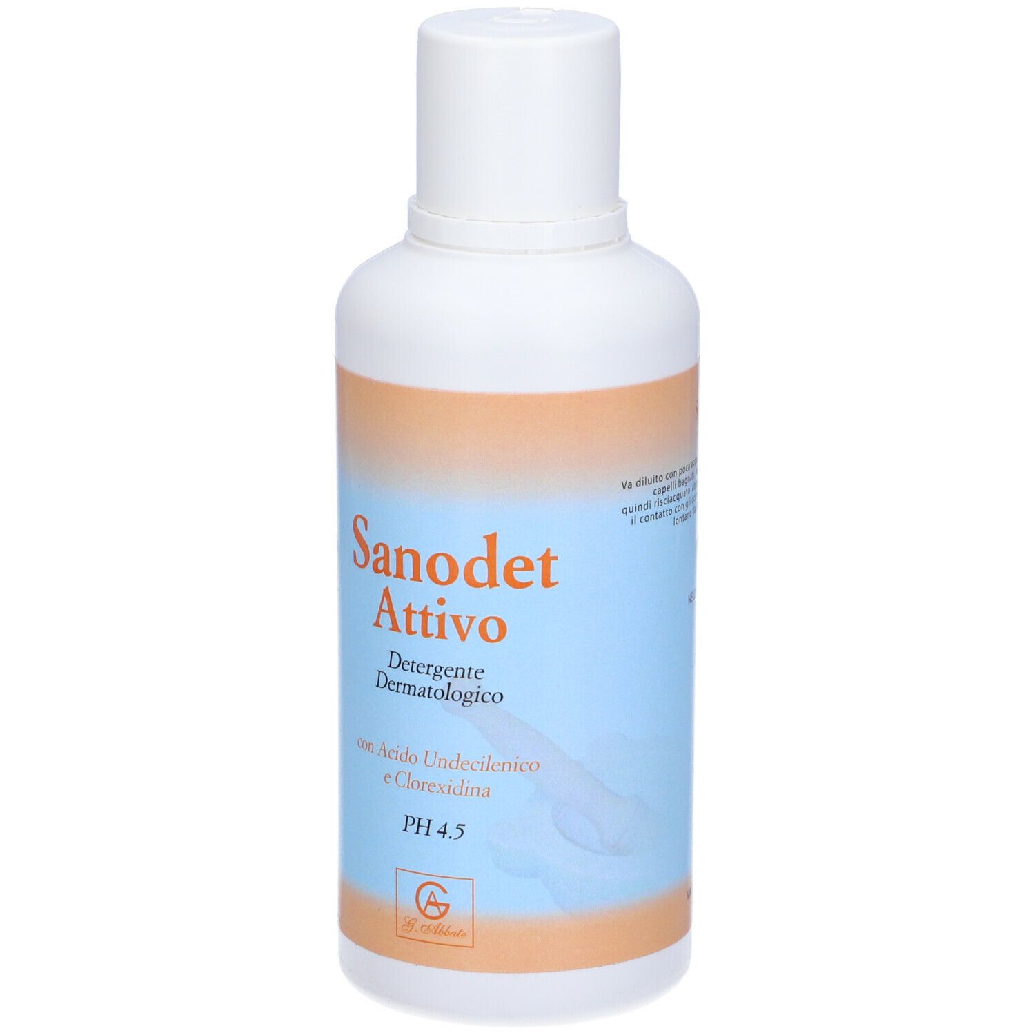 Flacone bianco con etichetta arancione e blu. Scritta: Sanodet Attivo, Detergente Dermatologico, pH 4.5.