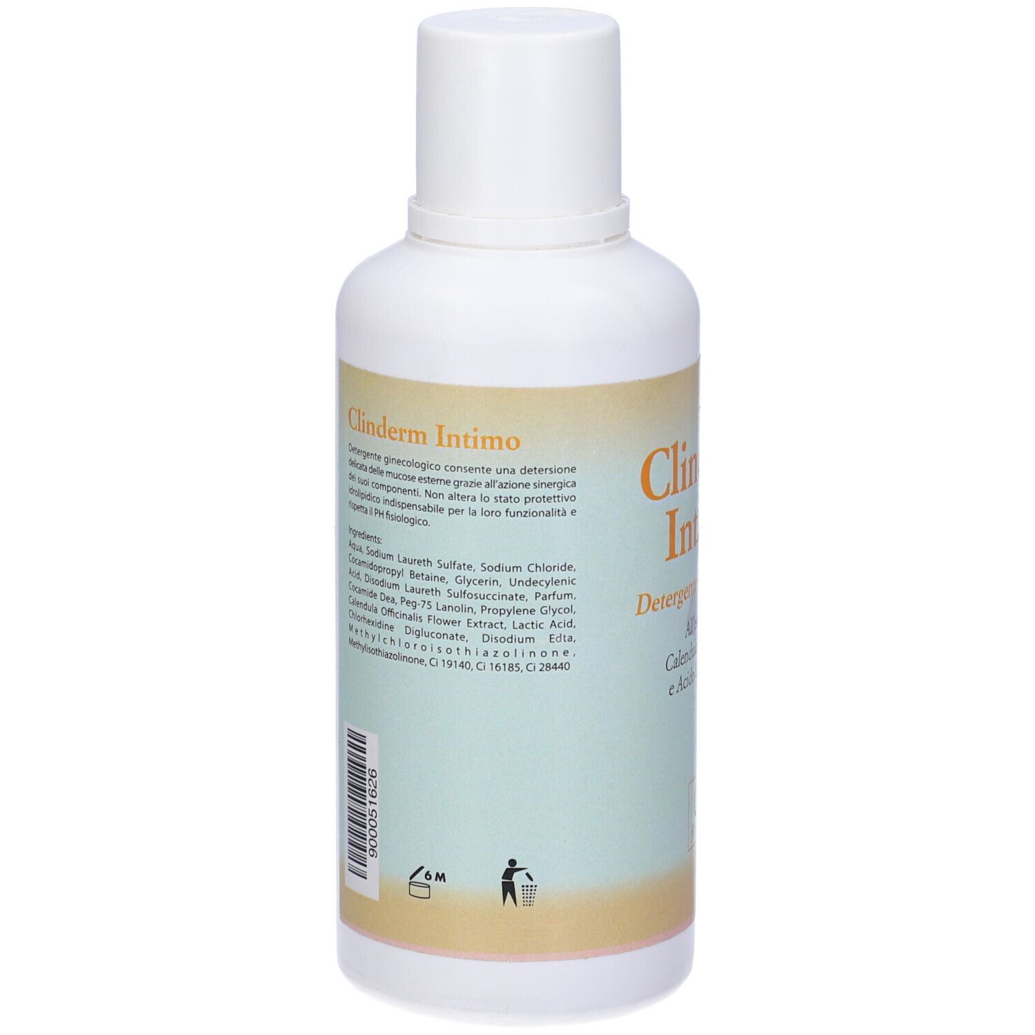 Flacone bianco con etichetta. Testo: Clinderm Intimo, Detergente Ginecologico. Ingredienti. Simbolo di riciclaggio. Prodotto in Italia.