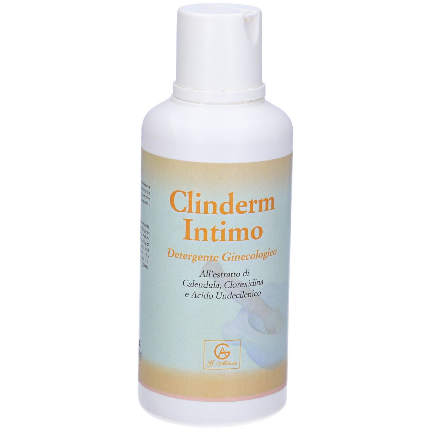 Flacone bianco con etichetta. Scritto: Clinderm Intimo, Detergente Ginecologico. Ingredienti: Calendula, Clorexidina, Acido Undecilenico.