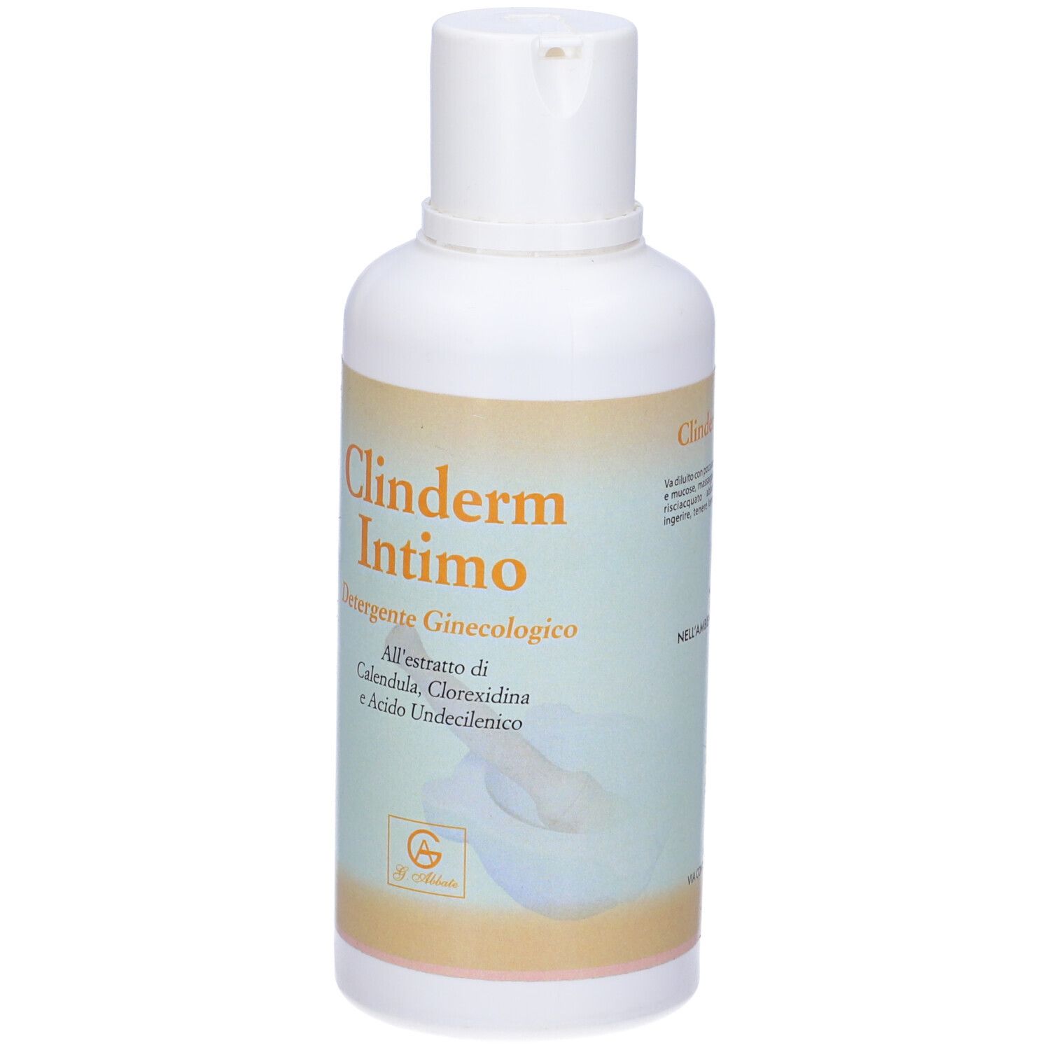 Flacone bianco con etichetta. Scritto: Clinderm Intimo, Detergente Ginecologico. Ingredienti: Calendula, Clorexidina, Acido Undecilenico.