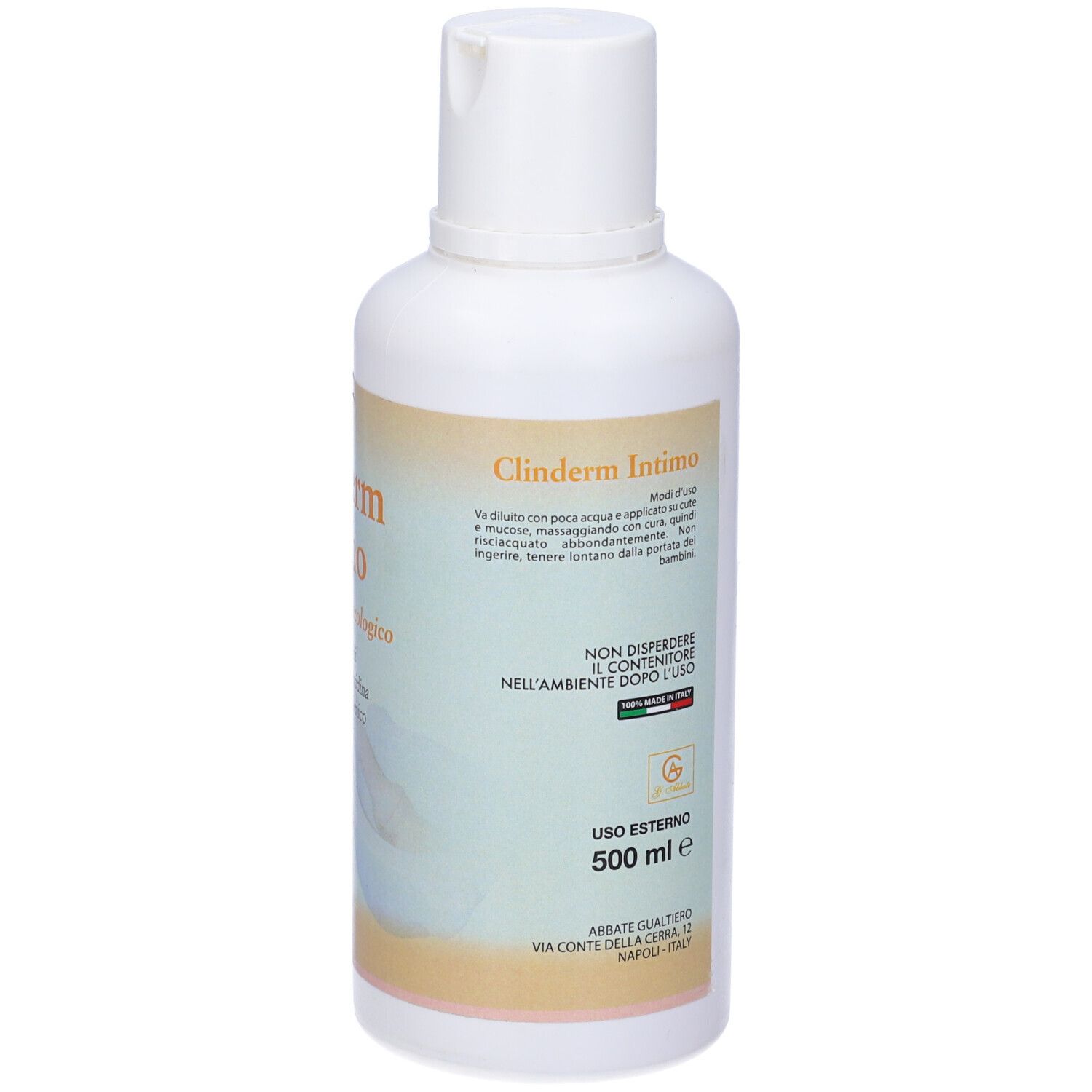 Flacone bianco con etichetta. Testo: Clinderm Intimo, Detergente Ginecologico. 500 ml. Non disperdere nell'ambiente.
