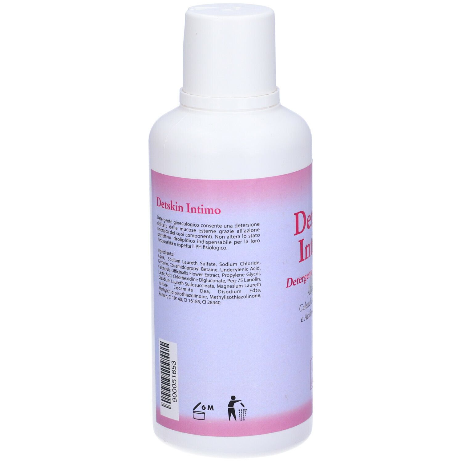 Retro di un flacone bianco con etichetta rosa. Testo: Detskin Intimo. Ingredienti e istruzioni.
