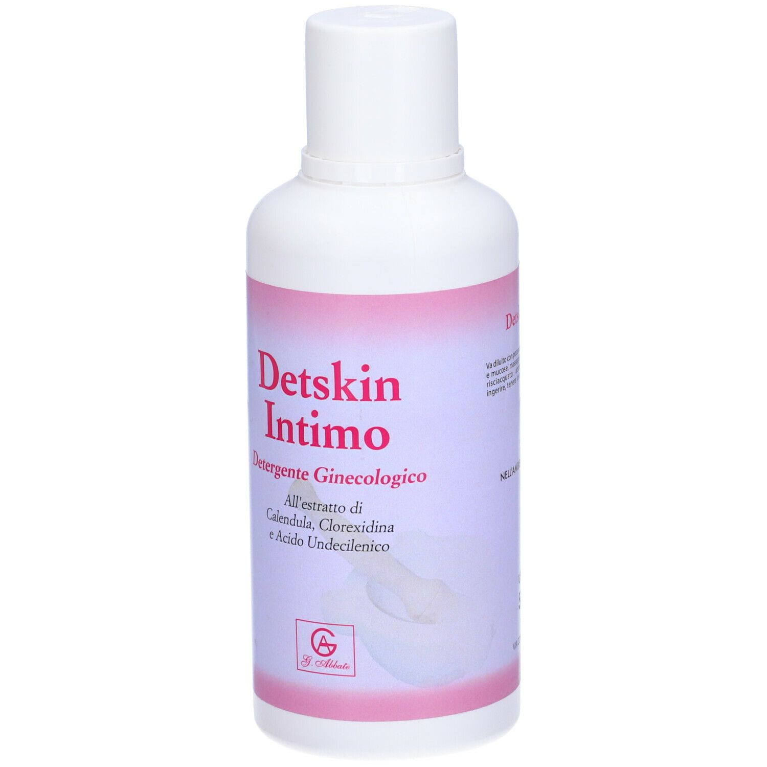 Flacone bianco con etichetta rosa. Scritta: Detskin Intimo Detergente Ginecologico. Con ingredienti.