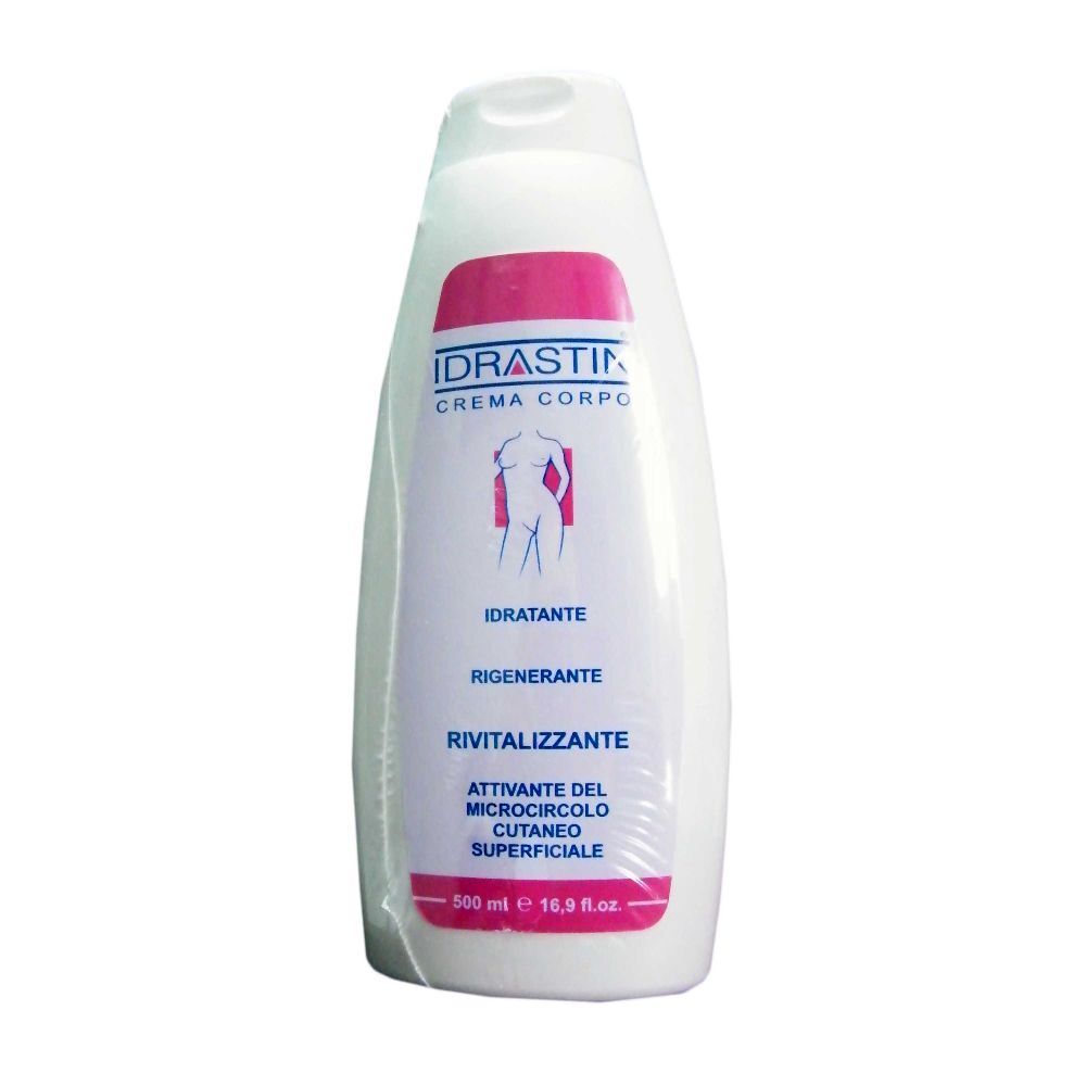 Flacone bianco con etichette rosa e blu. Scritta: Idrastin Crema Corpo. Contiene l'illustrazione di una donna. Testo: Idratante, Rivitalizzante.