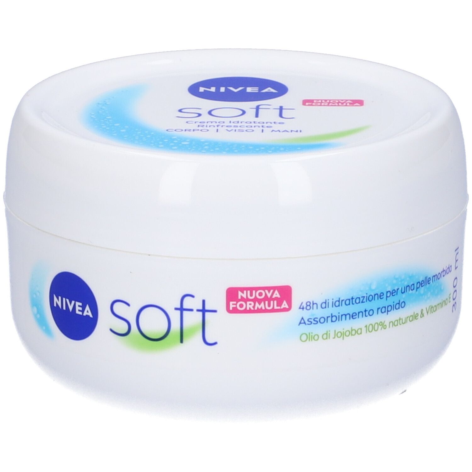 Barattolo bianco Nivea Soft. Scritta: crema idratante, rinfrescante. Con adesivo rosa e 300 ml.