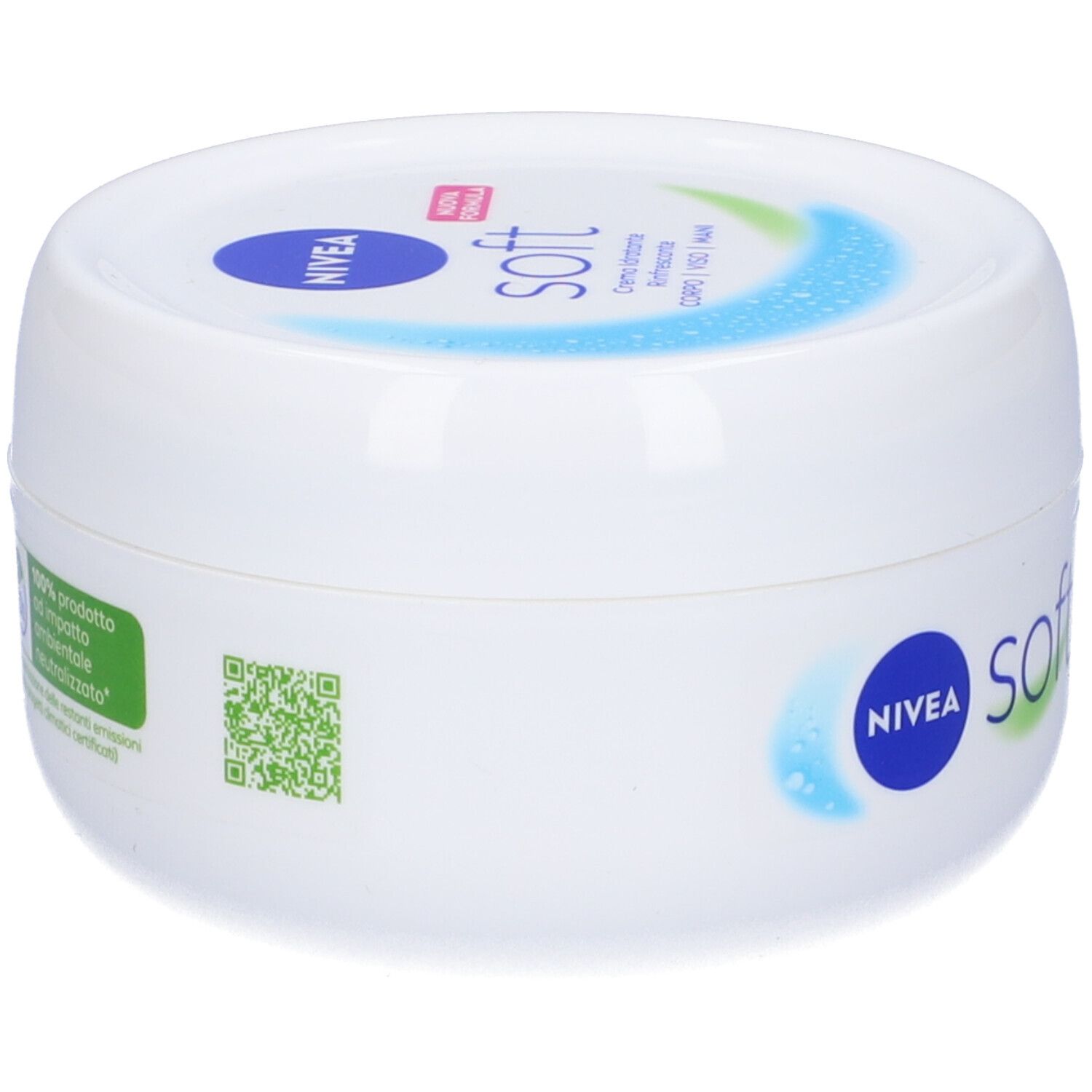 Barattolo bianco Nivea Soft. Scritta: crema idratante, rinfrescante. Con codice QR e adesivo verde.