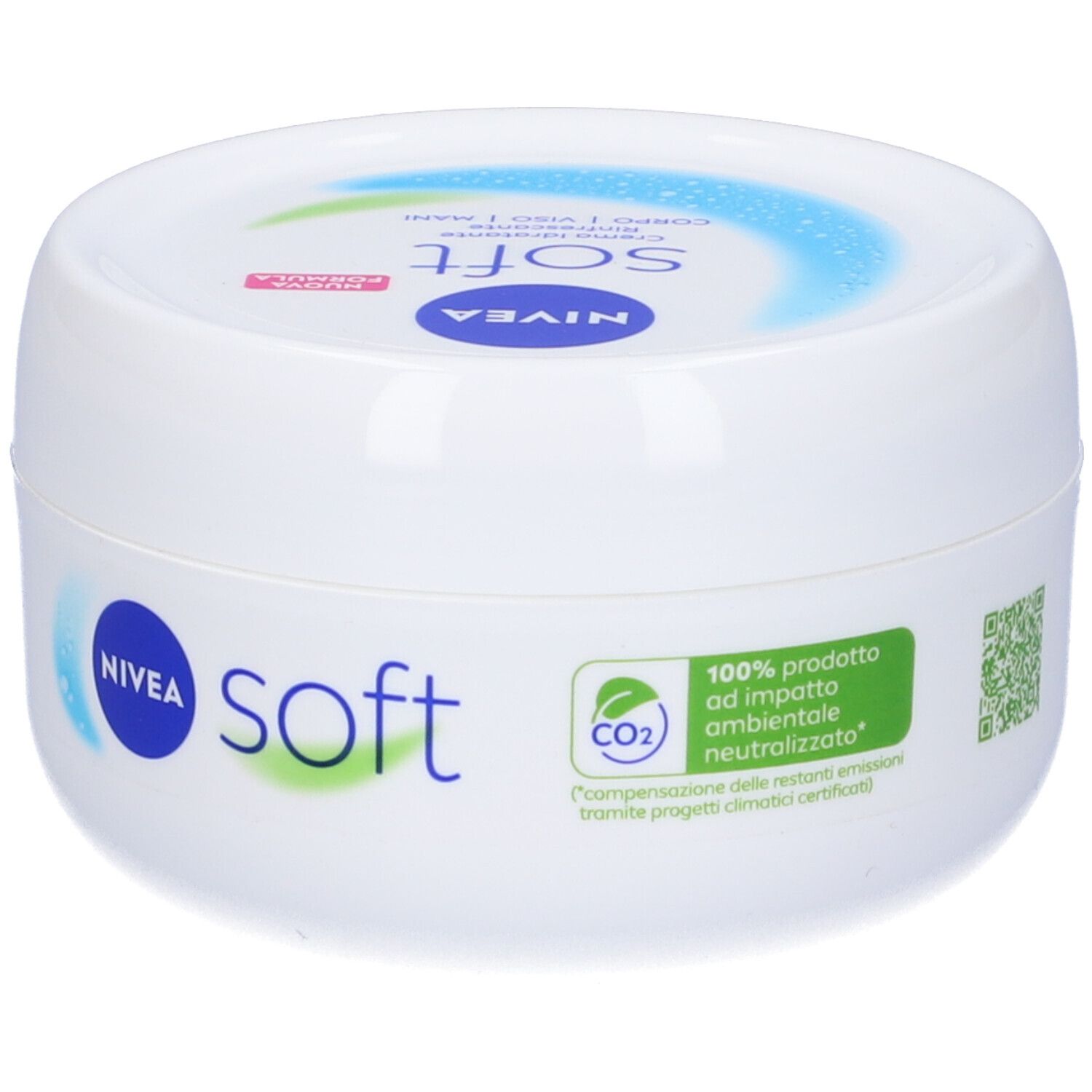 Barattolo bianco Nivea Soft. Scritta: crema idratante, rinfrescante. Con adesivo verde e simbolo CO2.
