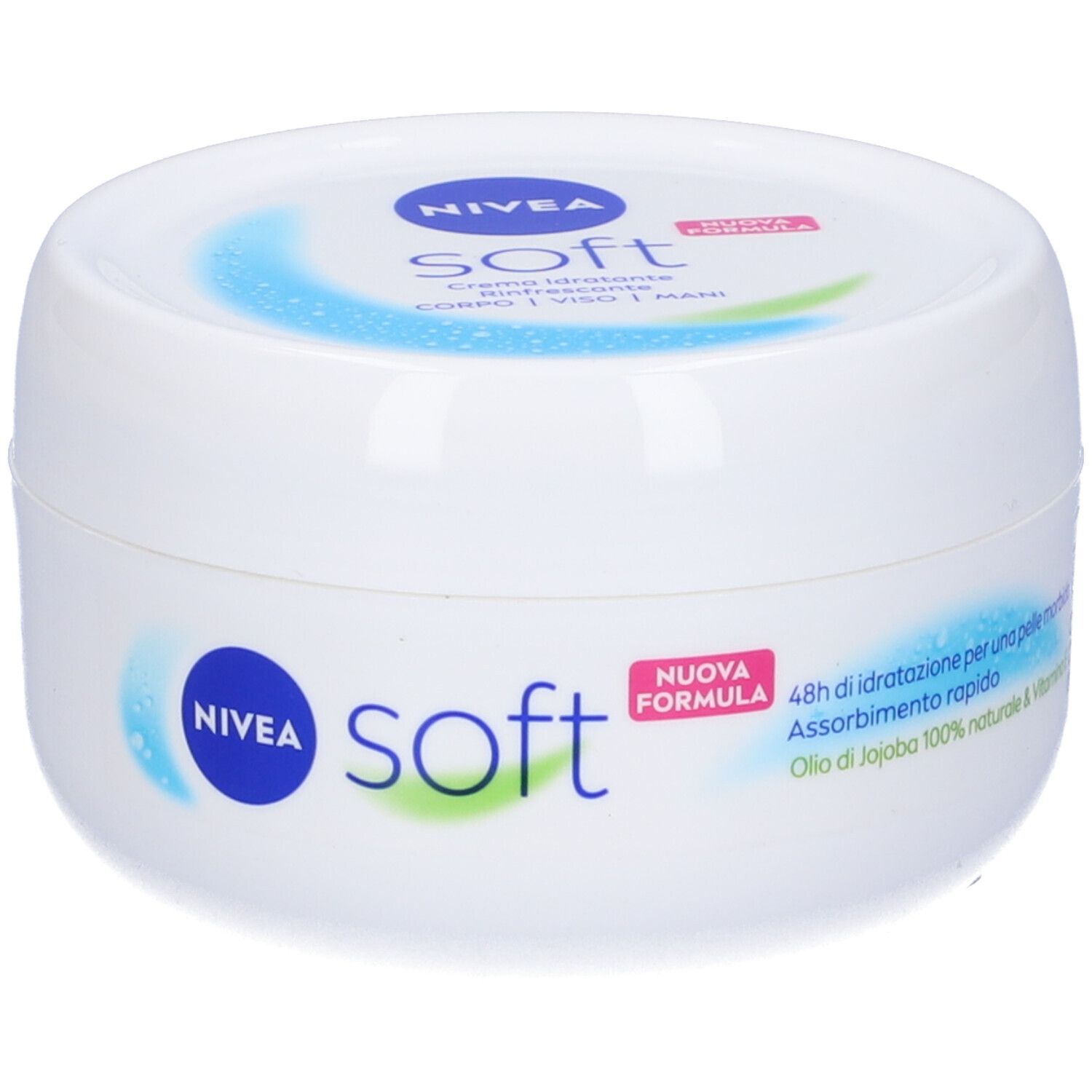 Barattolo bianco Nivea Soft. Scritta: crema idratante, rinfrescante. Con adesivo rosa e testo.