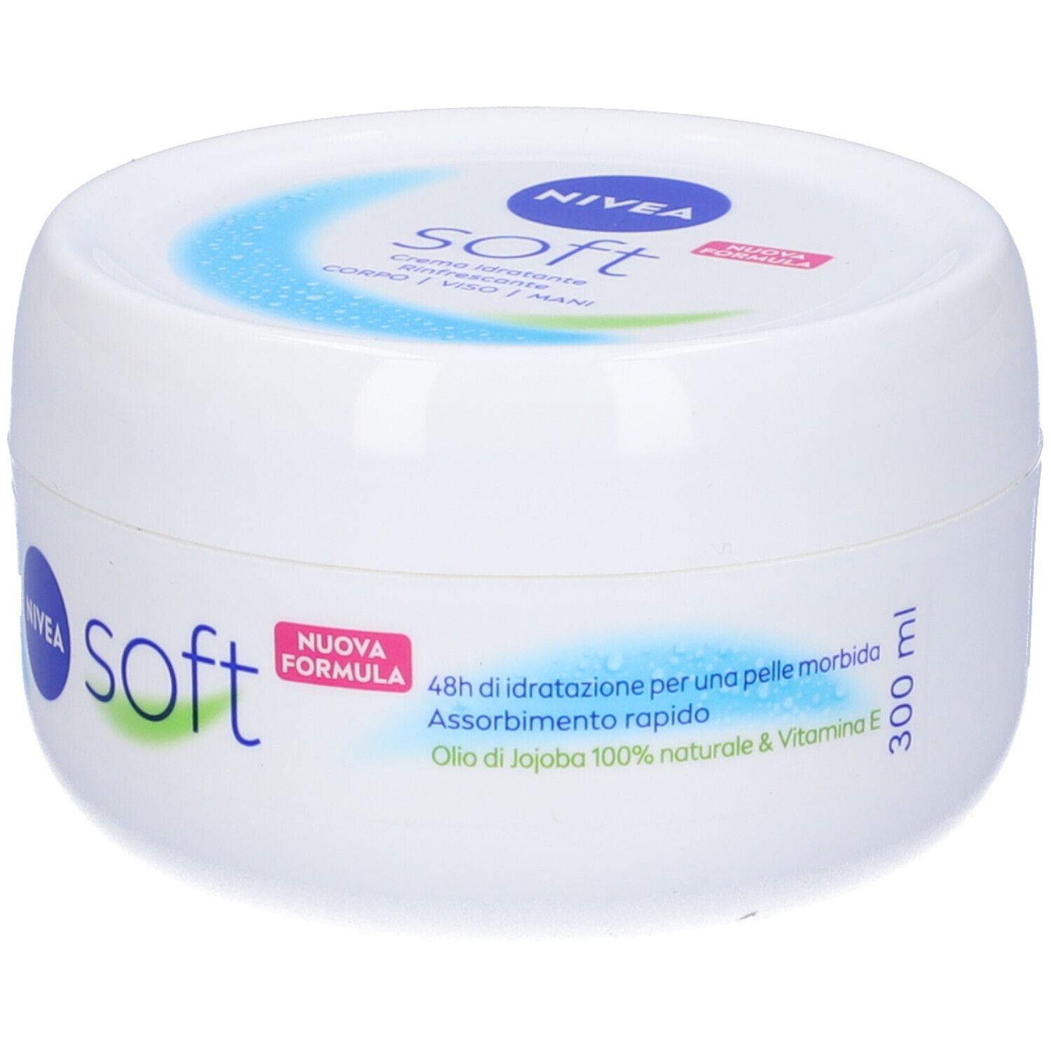 Barattolo bianco Nivea Soft. Scritta: crema idratante, rinfrescante. Con adesivo rosa e 300 ml.