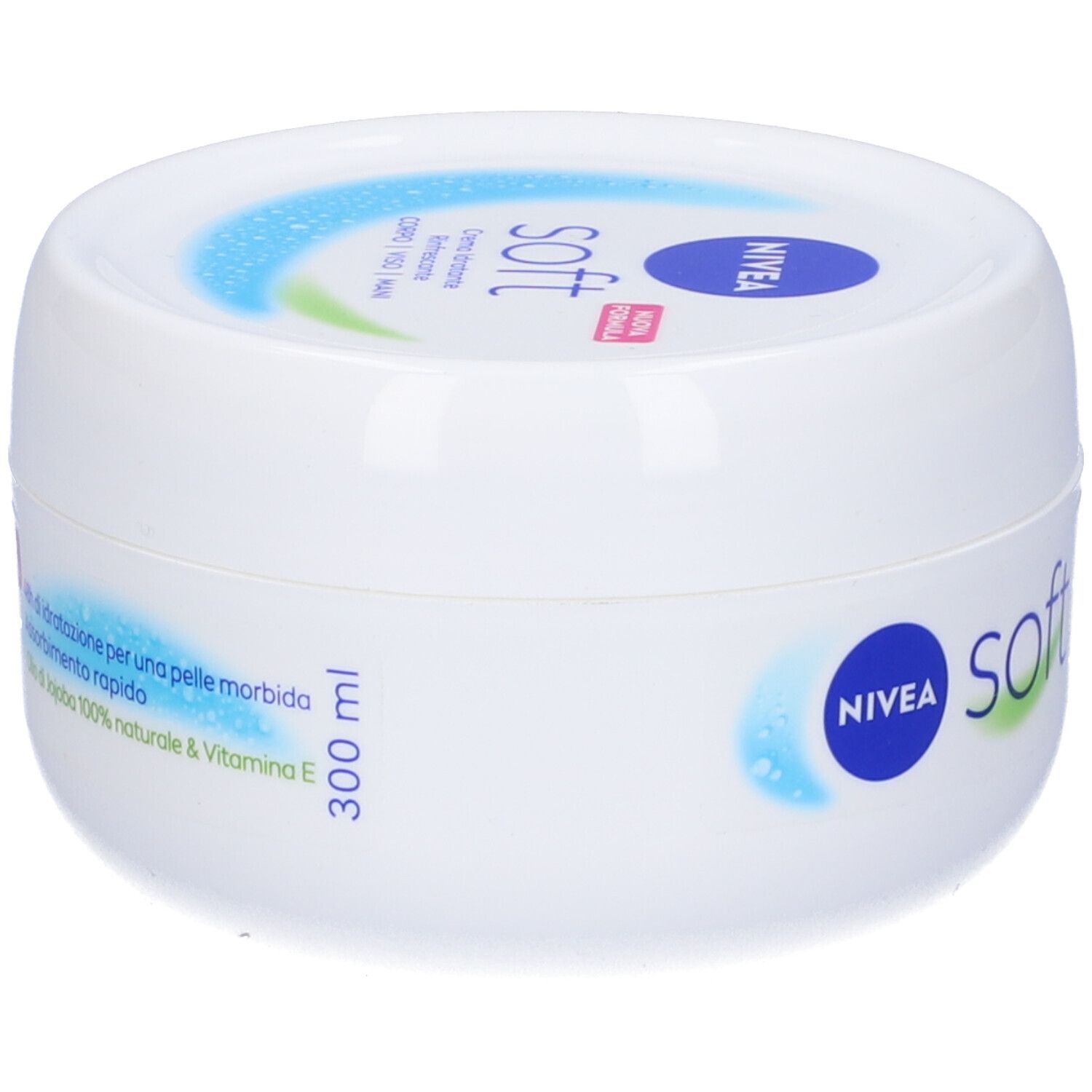 Barattolo bianco Nivea Soft. Scritta: crema idratante, rinfrescante. Con 300 ml e testo.