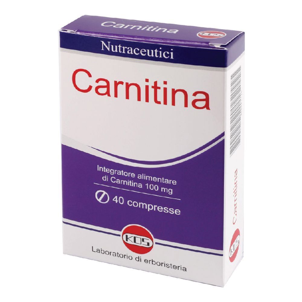 Scatola Carnitina, 40 compresse. Contiene Carnitina 100 mg. Marchio KOS.
