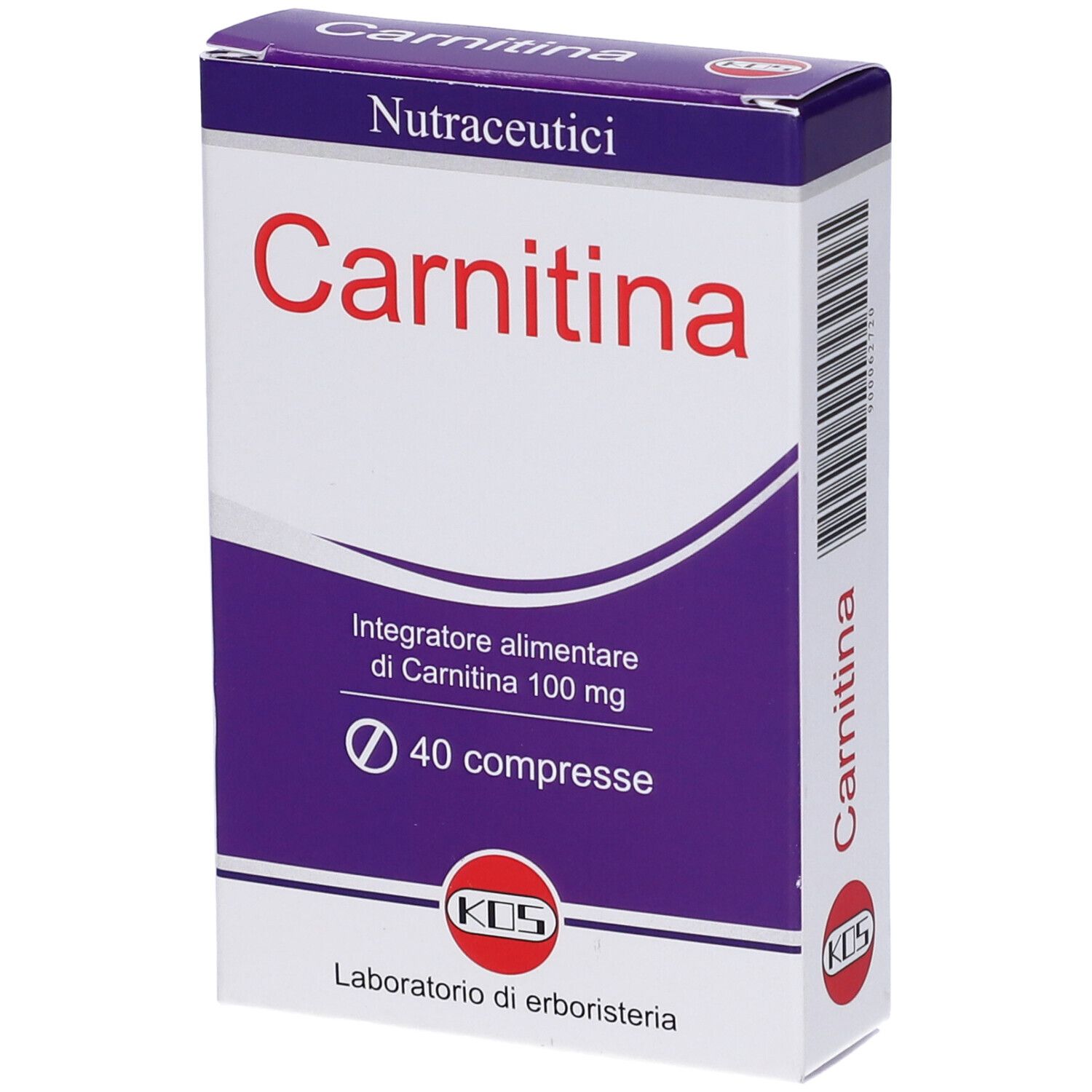 Scatola Carnitina, 40 compresse. Contiene Carnitina 100 mg. Marchio KOS.