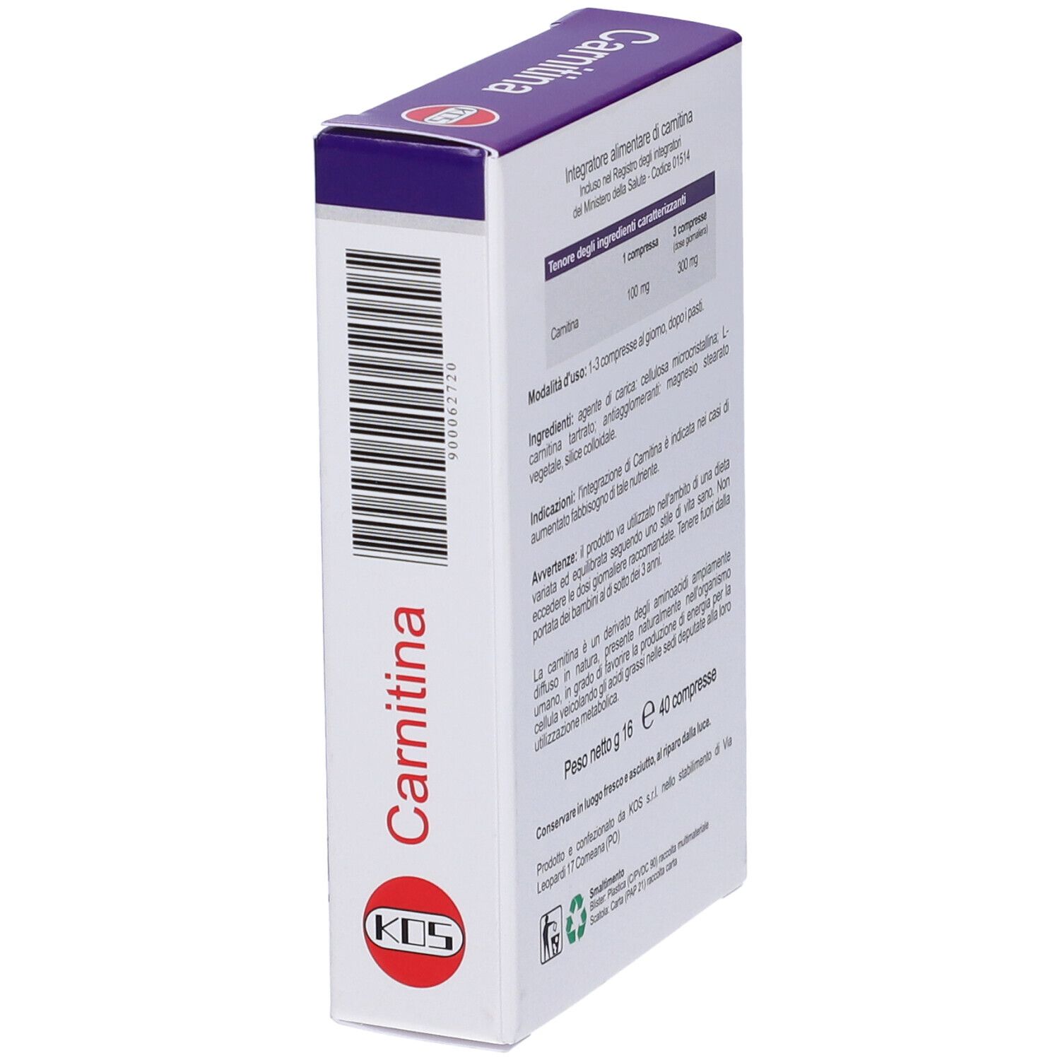 Scatola Carnitina, 40 compresse. Contiene Carnitina 100 mg. Marchio KOS.