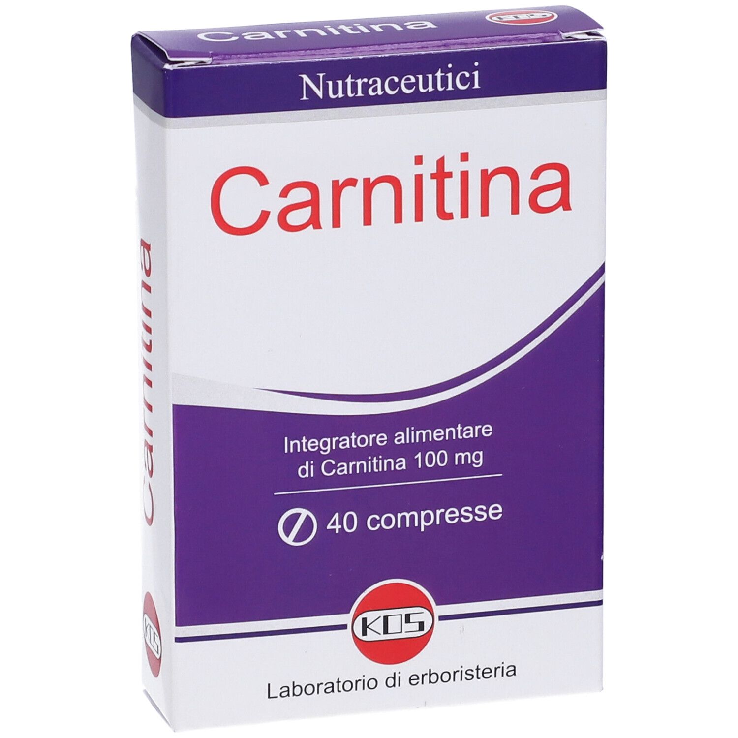 Scatola Carnitina, 40 compresse. Contiene Carnitina 100 mg. Marchio KOS.