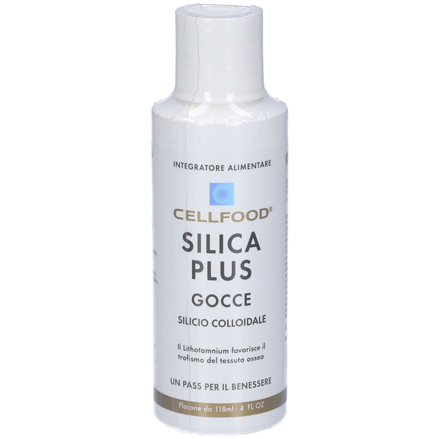 CELLFOOD Silica Plus Gocce. Weiße Flasche mit weißem Deckel. Produktname und Text auf dem Etikett.