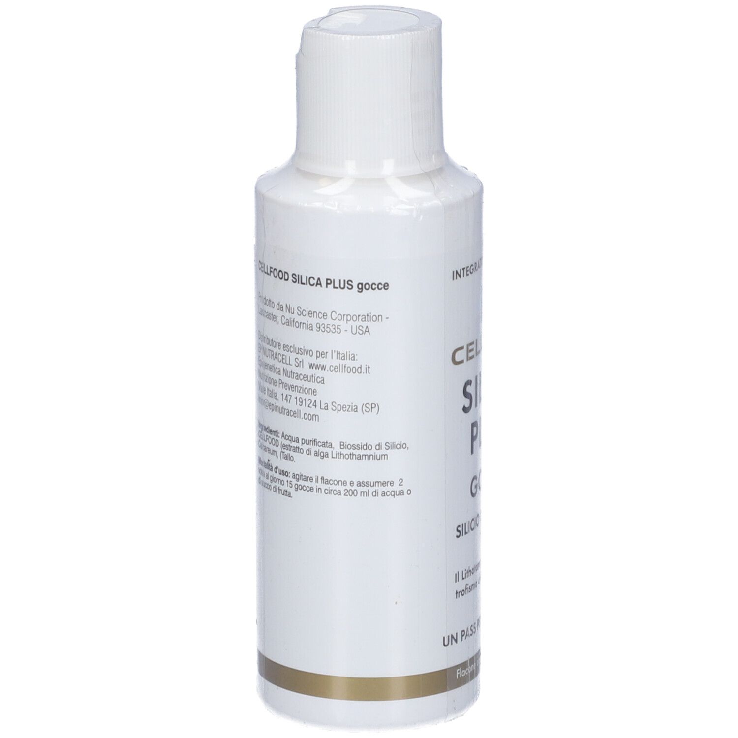 CELLFOOD Silica Plus Gocce. Weiße Flasche mit weißem Deckel. Produktname und Text auf dem Etikett.