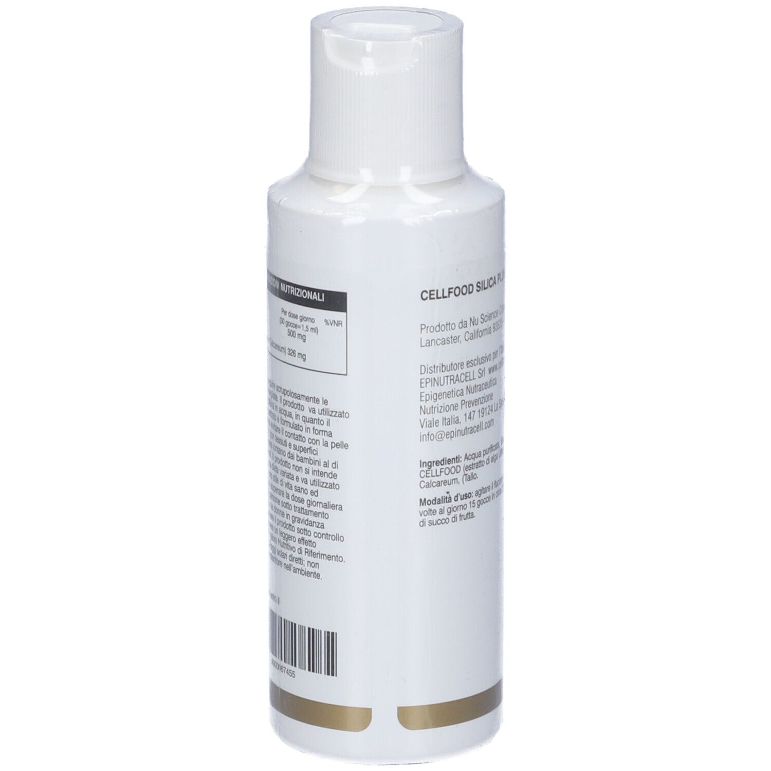 CELLFOOD Silica Plus Gocce. Weiße Flasche mit weißem Deckel. Produktname und Text auf dem Etikett.