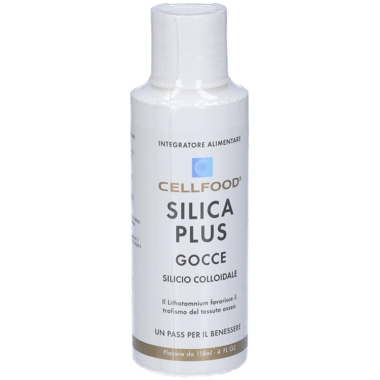 CELLFOOD Silica Plus Gocce. Weiße Flasche mit weißem Deckel. Produktname und Text auf dem Etikett.