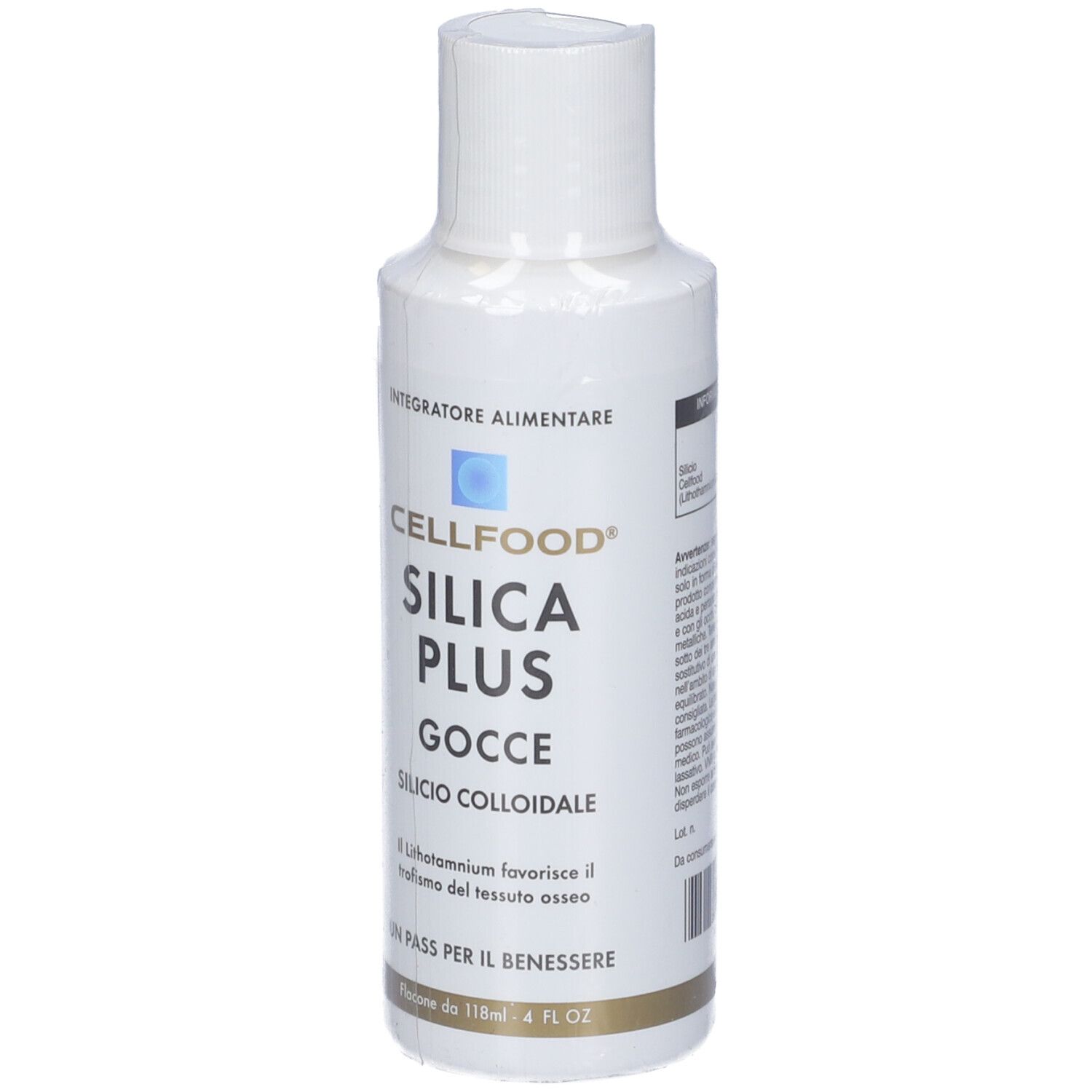 CELLFOOD Silica Plus Gocce. Weiße Flasche mit weißem Deckel. Produktname und Text auf dem Etikett.