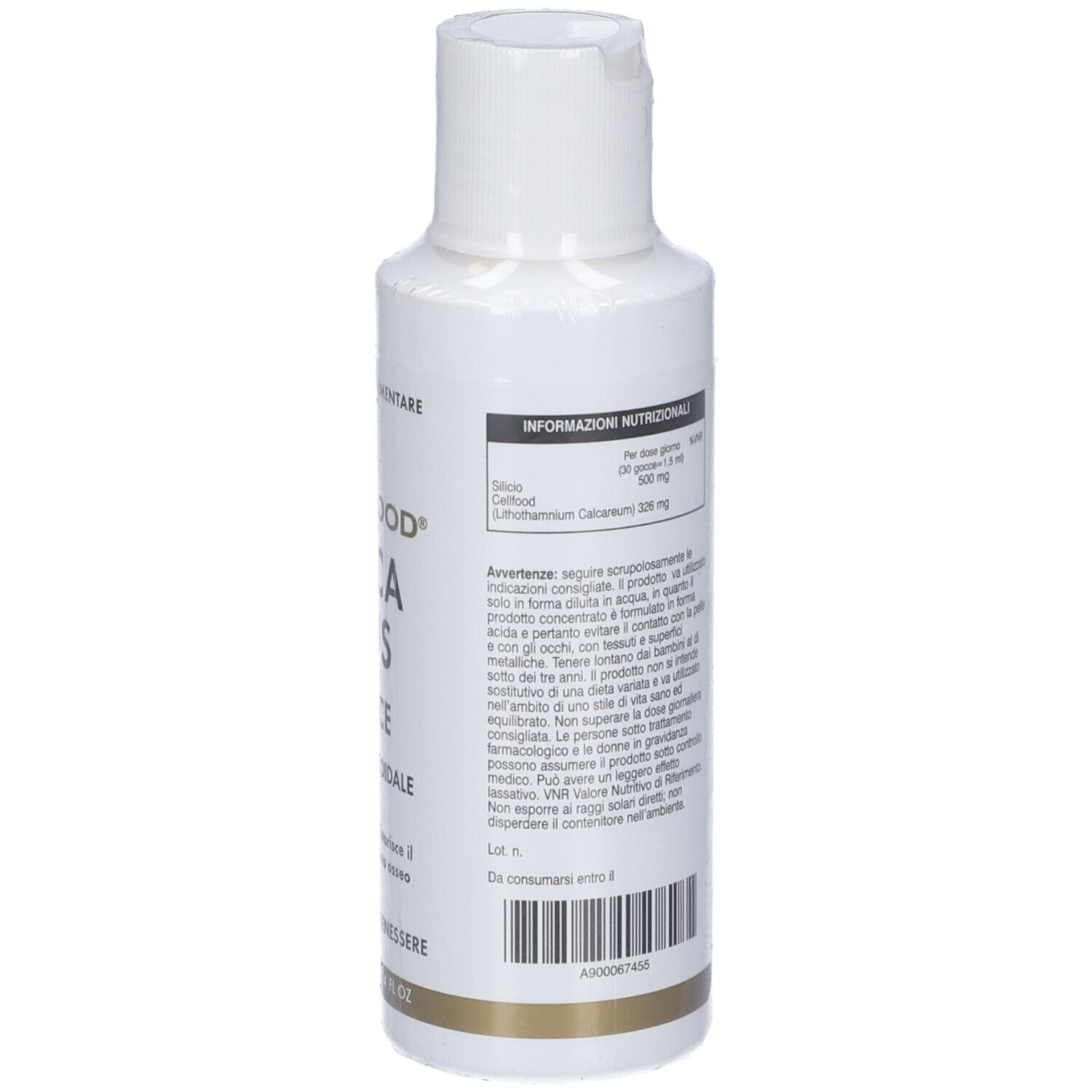 CELLFOOD Silica Plus Gocce. Weiße Flasche mit weißem Deckel. Produktname und Text auf dem Etikett.