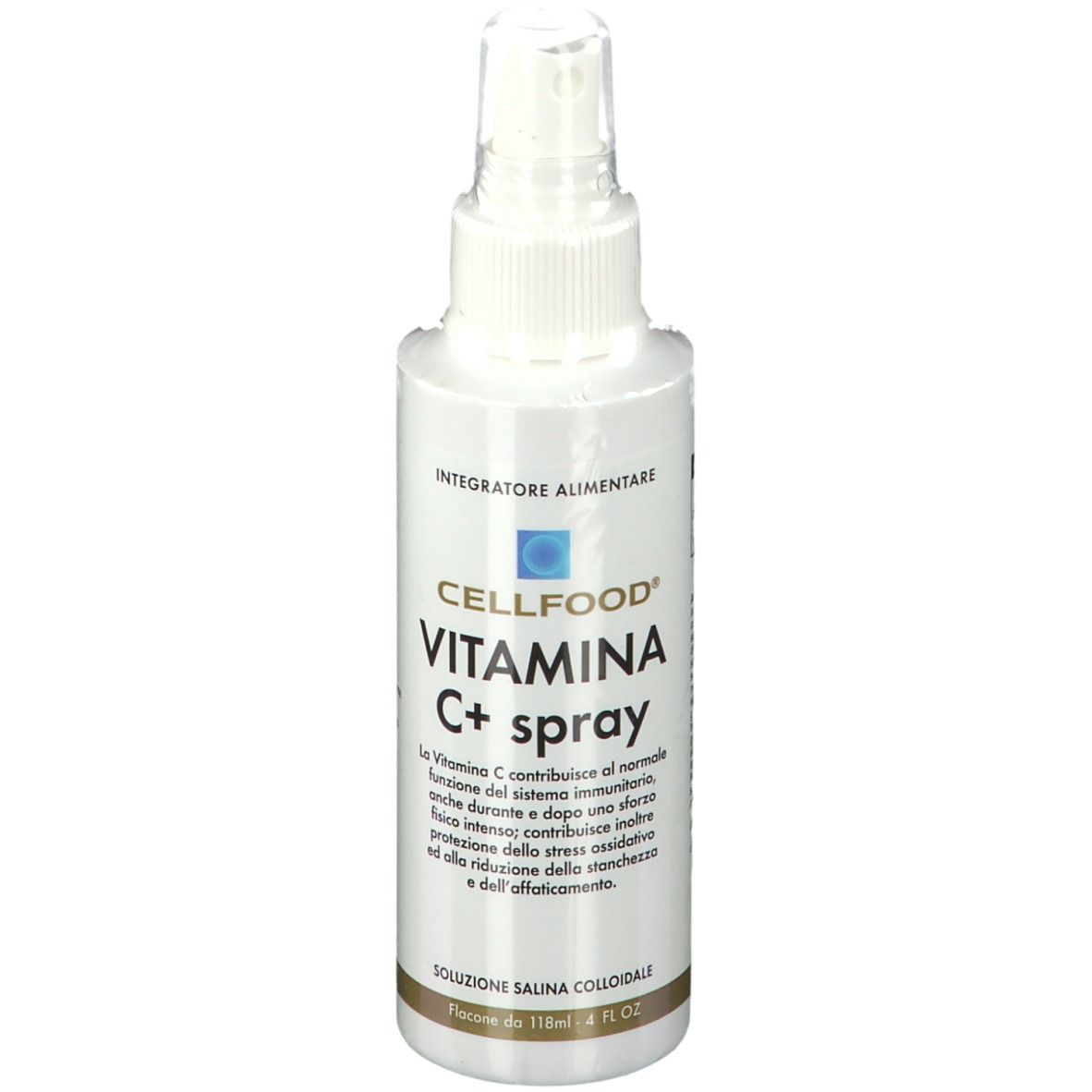 CELLFOOD Vitamin C+ Spray. Weiße Flasche mit Sprühkopf. Produktinformationen und Text auf dem Etikett.