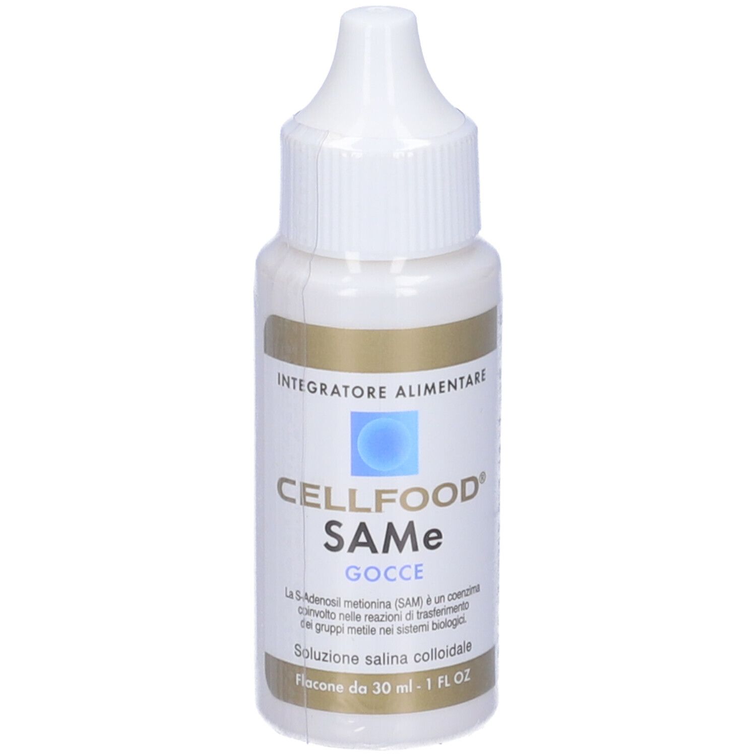 Weiße Flasche mit Tropfer. Aufschrift: CELLFOOD SaMe, Tropfen. Flasche mit 30 ml.
