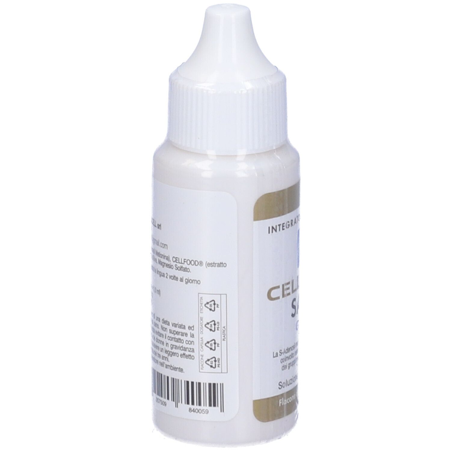 Weiße Flasche mit Tropfer. Aufschrift: CELLFOOD SaMe, Tropfen. Rückseite mit Text und Barcode.