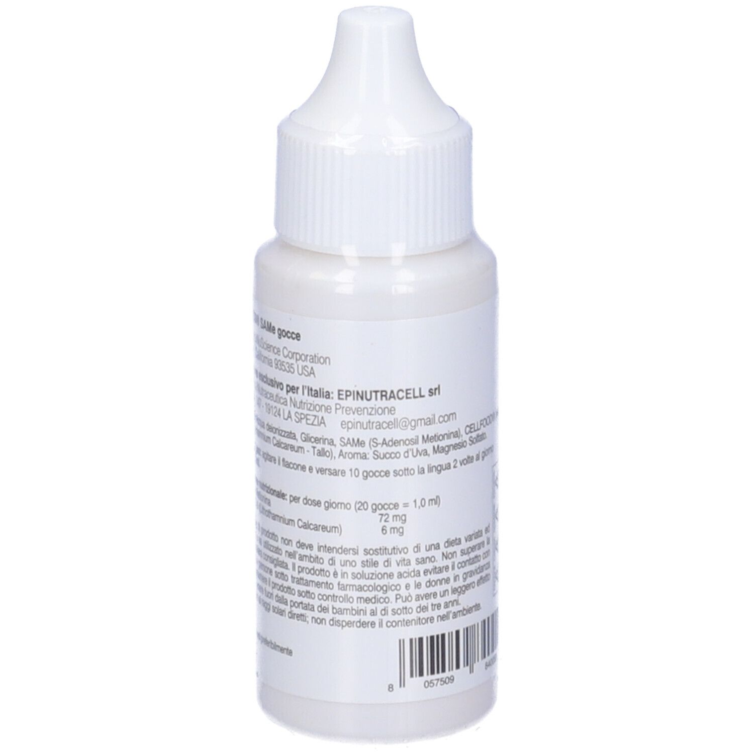 Weiße Flasche mit Tropfer. Aufschrift: CELLFOOD SaMe, Tropfen. Rückseite mit Text.