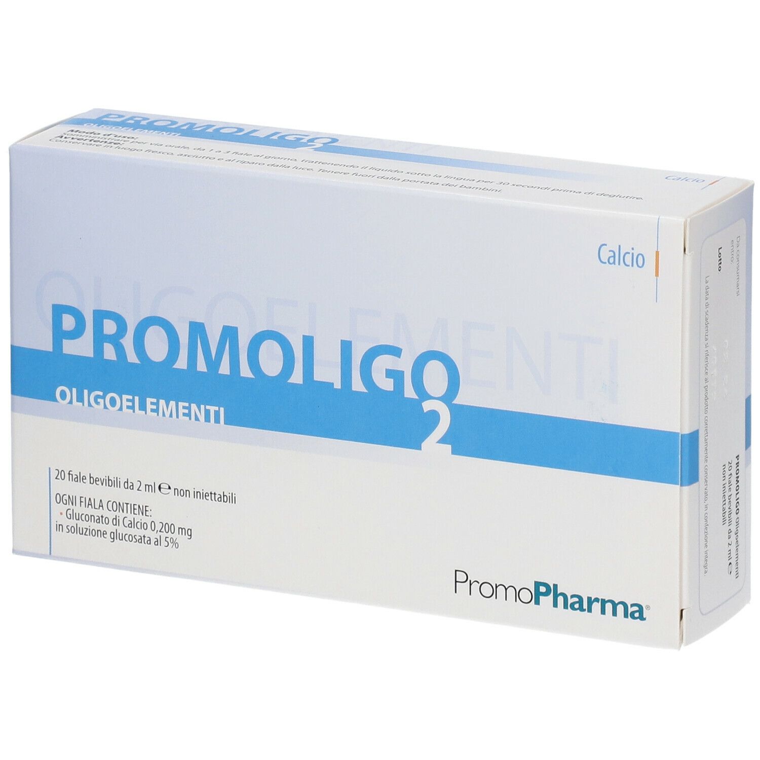 PromoPharma PROMOLIGO 2 Calcio Oligoelementi. Scatola bianca con nome e logo del prodotto. Contiene 20 fiale bevibili.