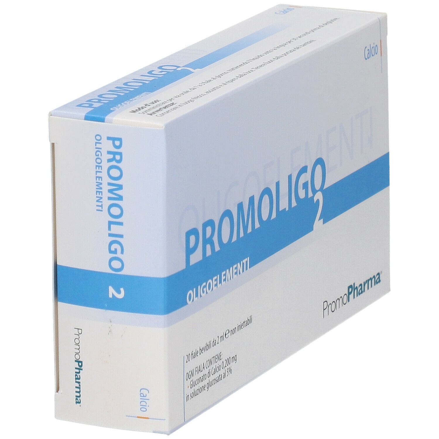 PromoPharma PROMOLIGO 2 Calcio Oligoelementi. Scatola bianca, in prospettiva. Nome e logo del prodotto ben visibili.