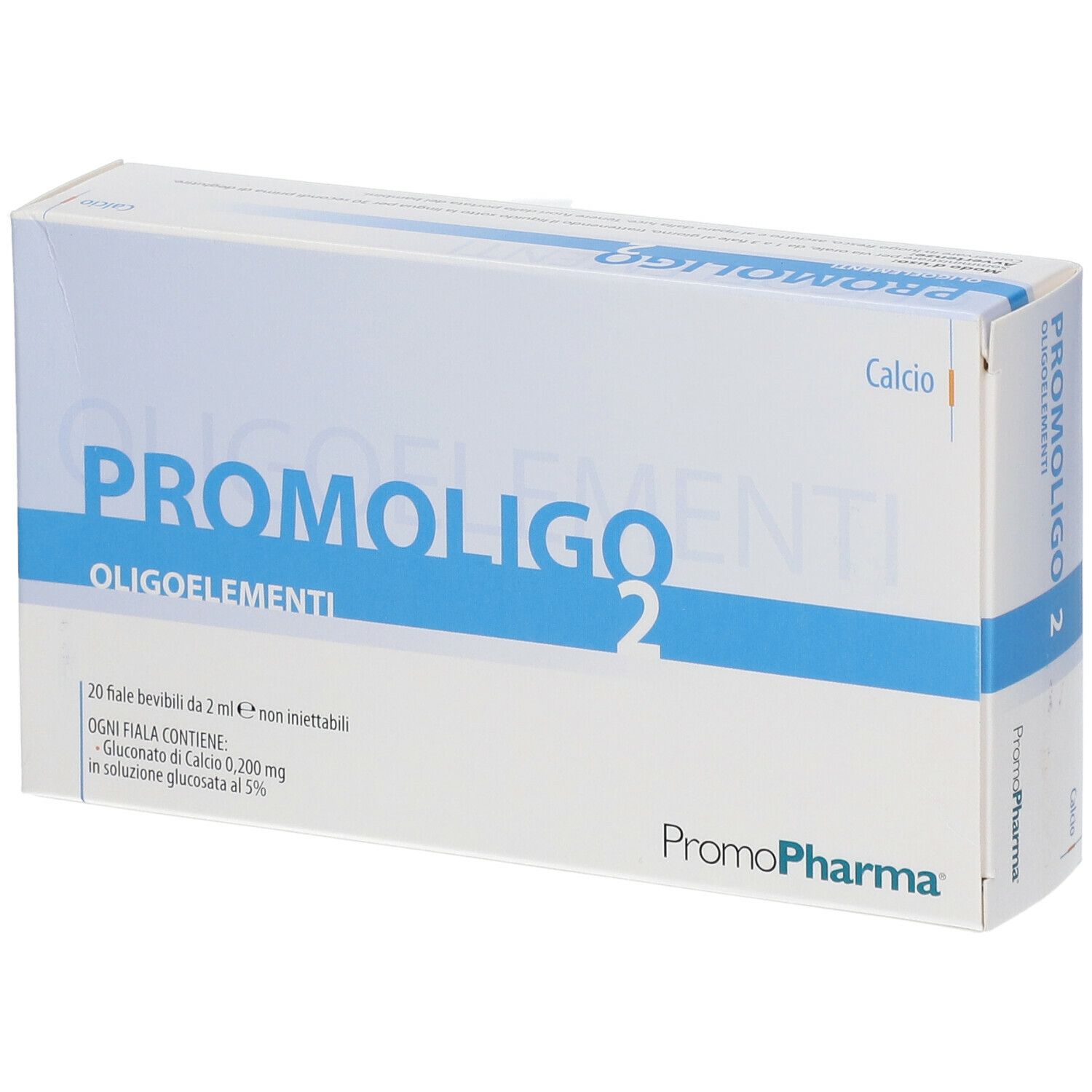PromoPharma PROMOLIGO 2 Calcio Oligoelementi. Scatola bianca con nome e logo del prodotto. 20 fiale bevibili.